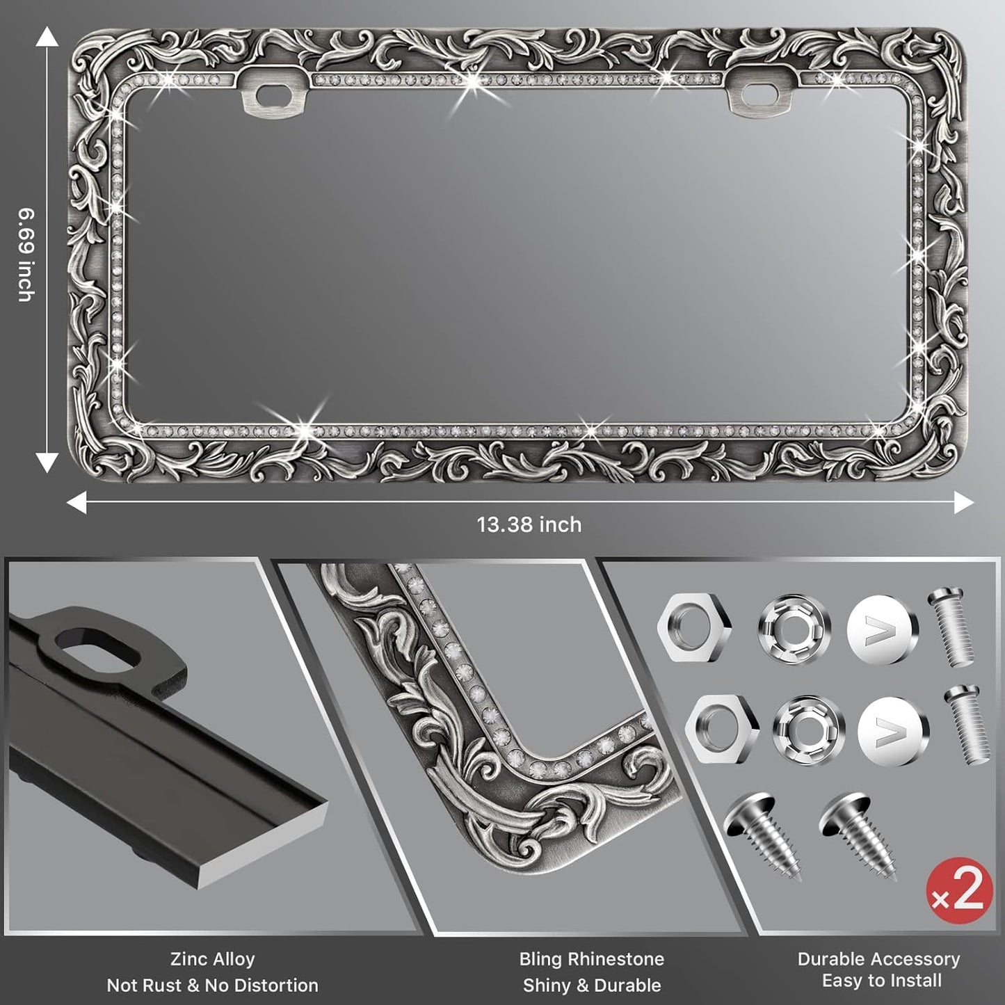 Valor Metal Car License Plate Frames,Antique Old Pattern Printing, Bling Crystal Rhinestones Inlaid,Universal 2 Holes Automotive Replacement Parts Plate Holder(2 Pack)