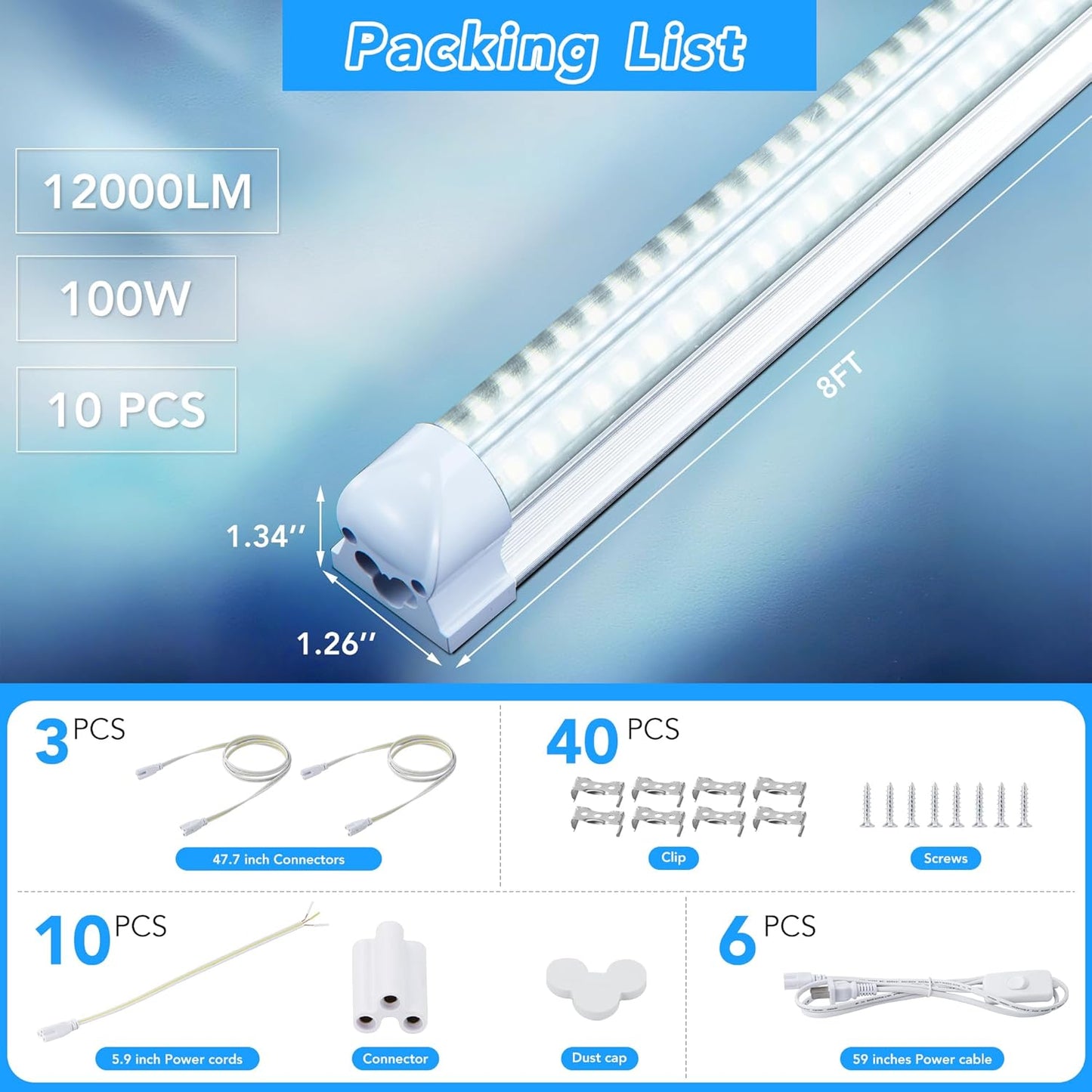 10 Pack 8FT T8 LED Shop Lights, 100W Integrated Tube Light, 19200LM 6000-6500K Daylight, Linkable Lighting, Plug & Play Energy-Saving Commercial Bay Lighting Garage Warehouse Basement (V2)