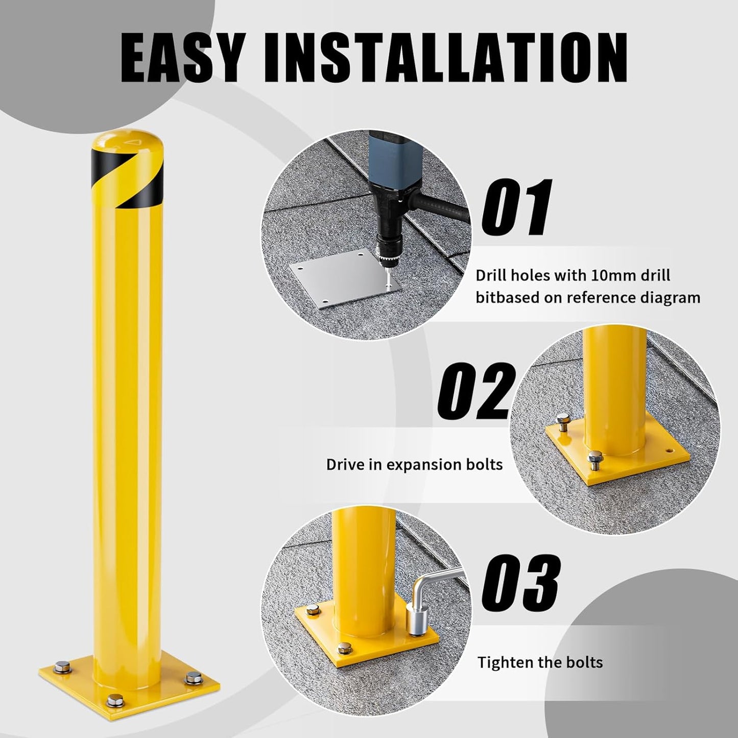 Safety Bollard Post, 48 Inch Height Steel Bollards, 4.5 Inch Diameter Parking Bollard, Yellow Powder Coated Safety Parking Barrier Post, for Traffic Sensitive Areas,8P