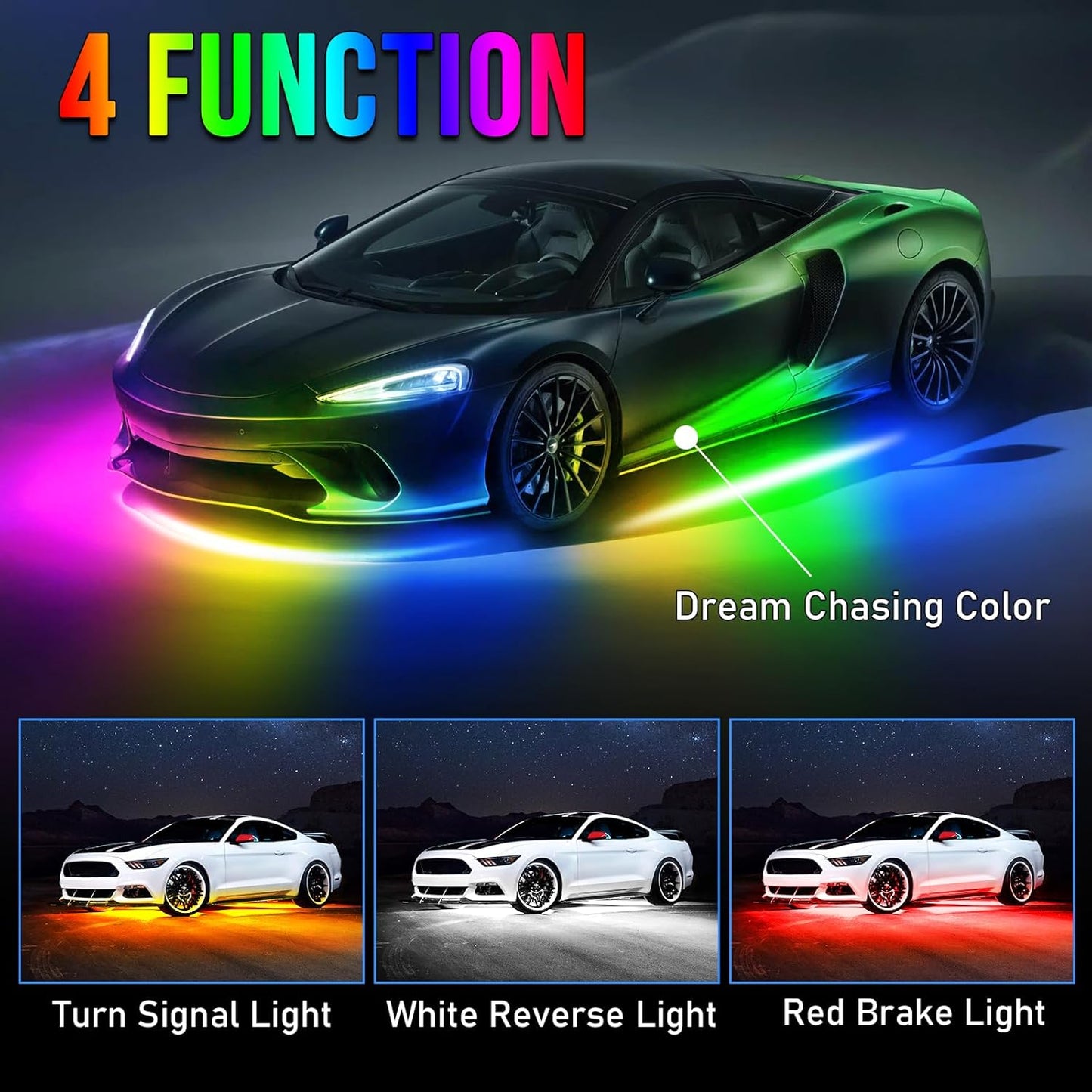OPP ULITE Car Led Underglow Lights Aluminum Dream Chasing Color Accent Light Bar, RF Remote & APP Control Underglow Light Strip with Red Brake/Yellow Turn Signal/White Reverse Light Kit, 8PC Pack