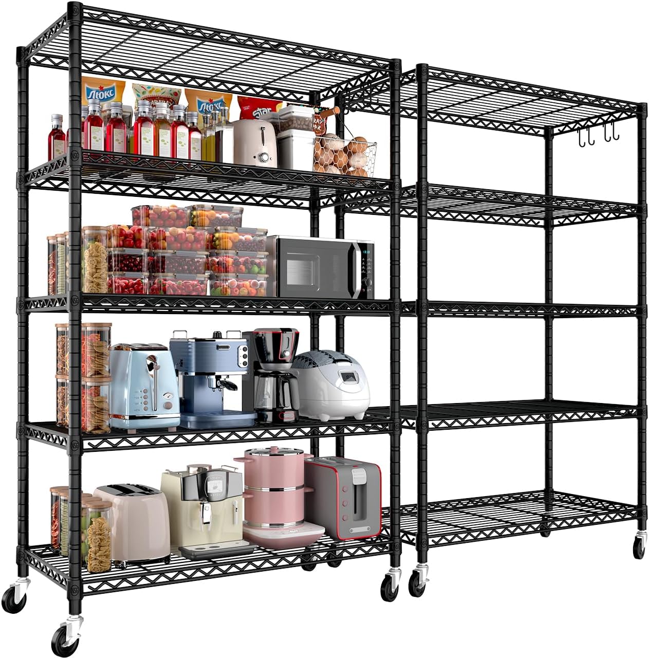 PrimeZone 2 Packs 36" W x 16" D x 79" H Wire Storage Shelves with Wheels, 5 Tier NSF Certified Heavy Duty Adjustable Kitchen Shelving Unit, Pantry Organizer Rack Rolling Metal Shelf for Garage Closet