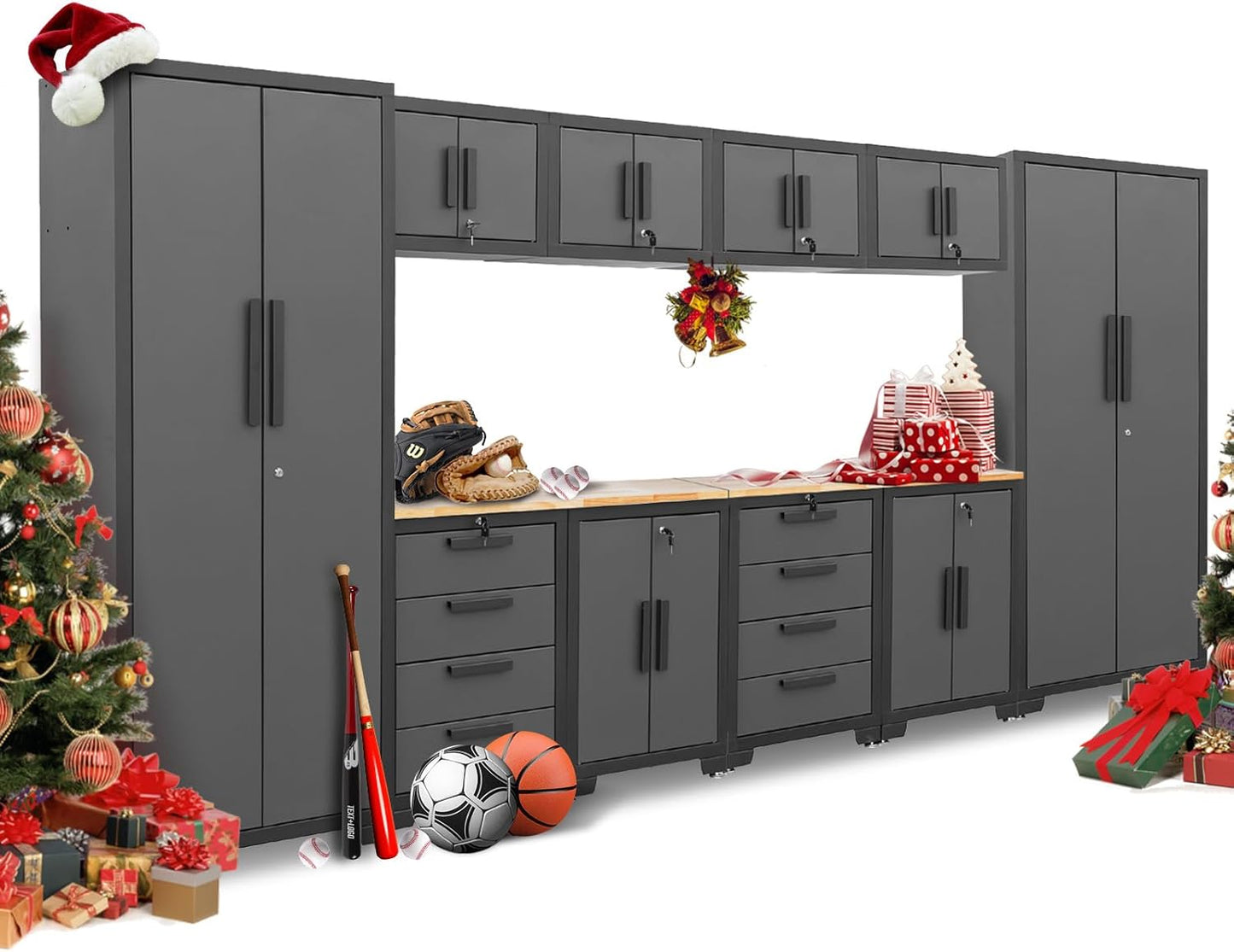 Torin 12 Piece Garage Storage Cabinet Set: Workshop Tool Organizer Chest with Lockers, Shelves and Wood Workbench, Black/Grey