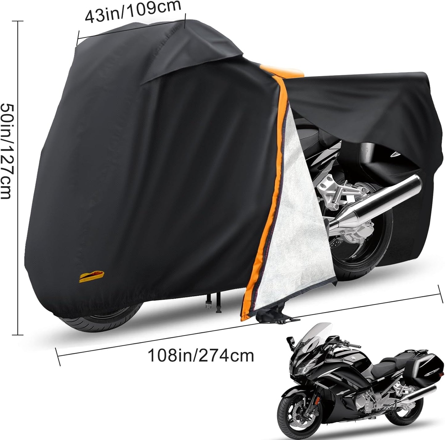 Motorcycle Cover,Waterproof Zipper Outdoor Cover for All Seasons Windproof, High Heat Resistance Dustproof and Rainproof Snowproof(Orange Zipper XXL Fits Up to 108 inch)
