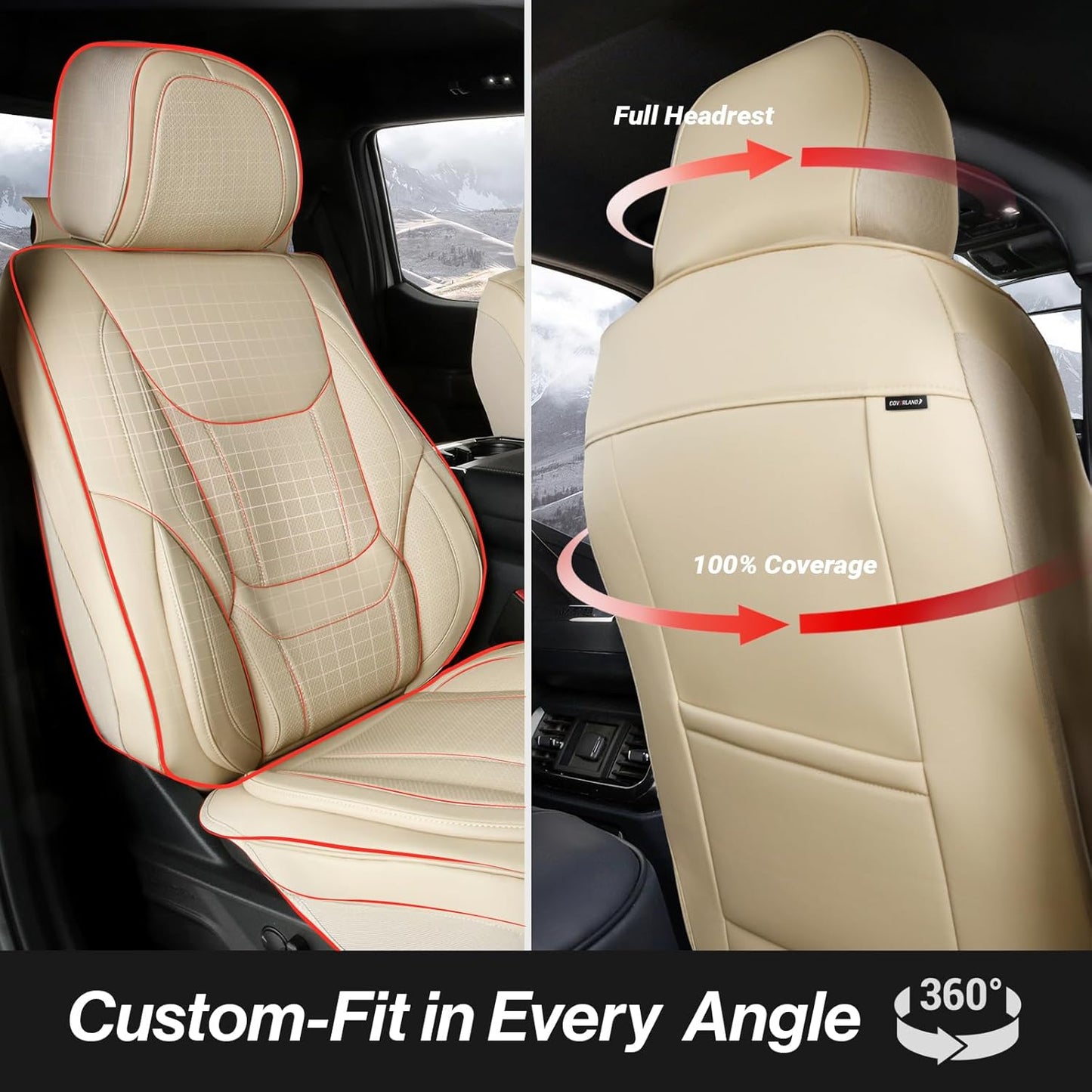 Coverland Custom Car Seat Covers Compatible with Sierra 1500 2500HD, Silverado 1500 - Premium Leather Non-Slip Memory Foam Waterproof Interior Protector Full Set-Beige [See Size Chart-Size X108]