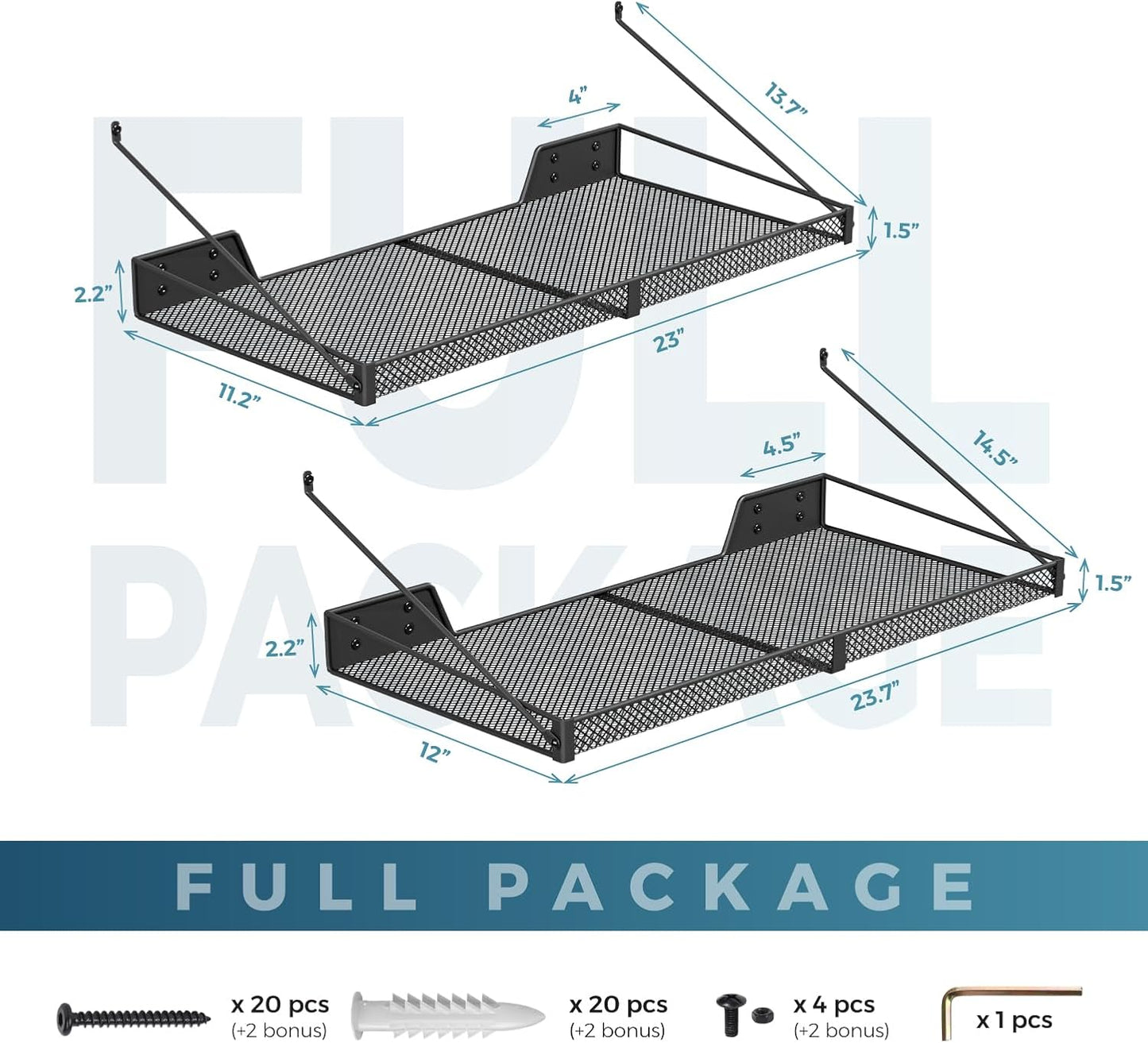 Garage Wall Shelf (2PCS-23.6"x12"x2.2") Steel Wall Shelf Storage Rack-design of TRIANGULAR BRACKET, Wall Mount Heavy Duty Metal Shelves Mesh Storage Rack for Garage, Office, Basement Kitchen, Closet