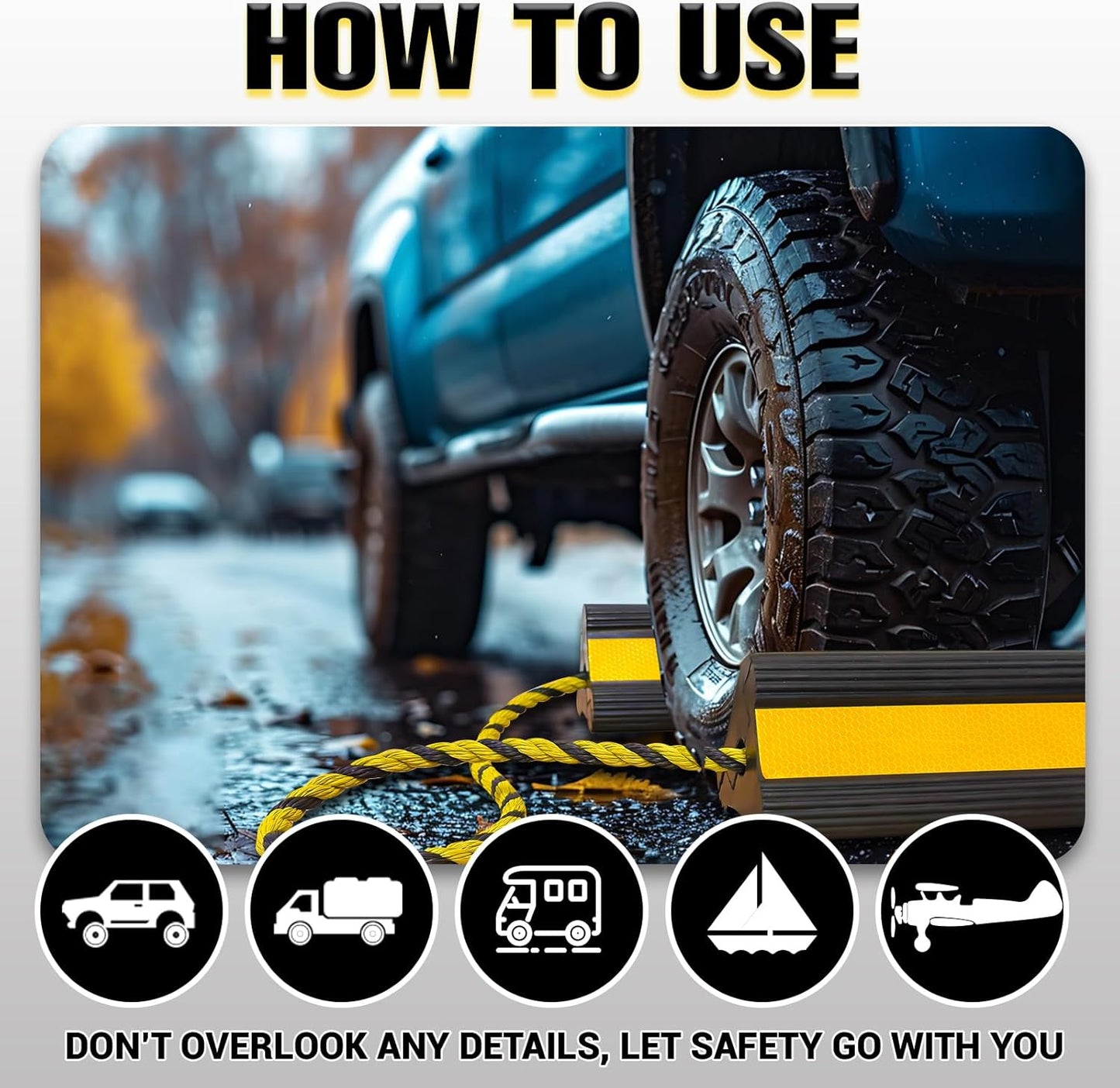 Heavy-Duty Wheel Chocks with Extra-Long Safety Rope (86") - 2-Pack Reflective Rubber Blocks for Trailers, Trucks, Campers & Garage Use (4pair/8pack with Rope)