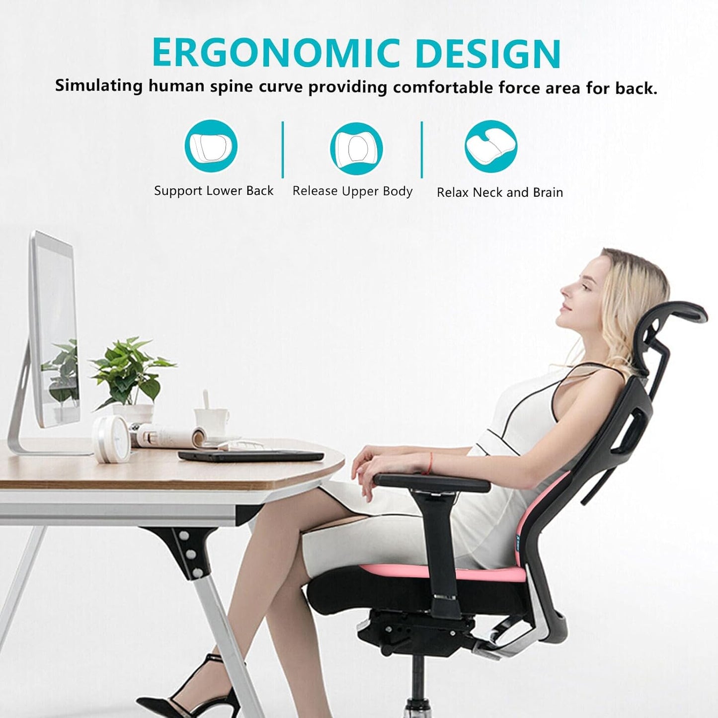 FLORICH Car Seat Cushion and Back Support for Office Chair Memory Foam Chair Cushions Pressure Relief Seat Pads with Gel Massage Point Lumbar Support (Pink)