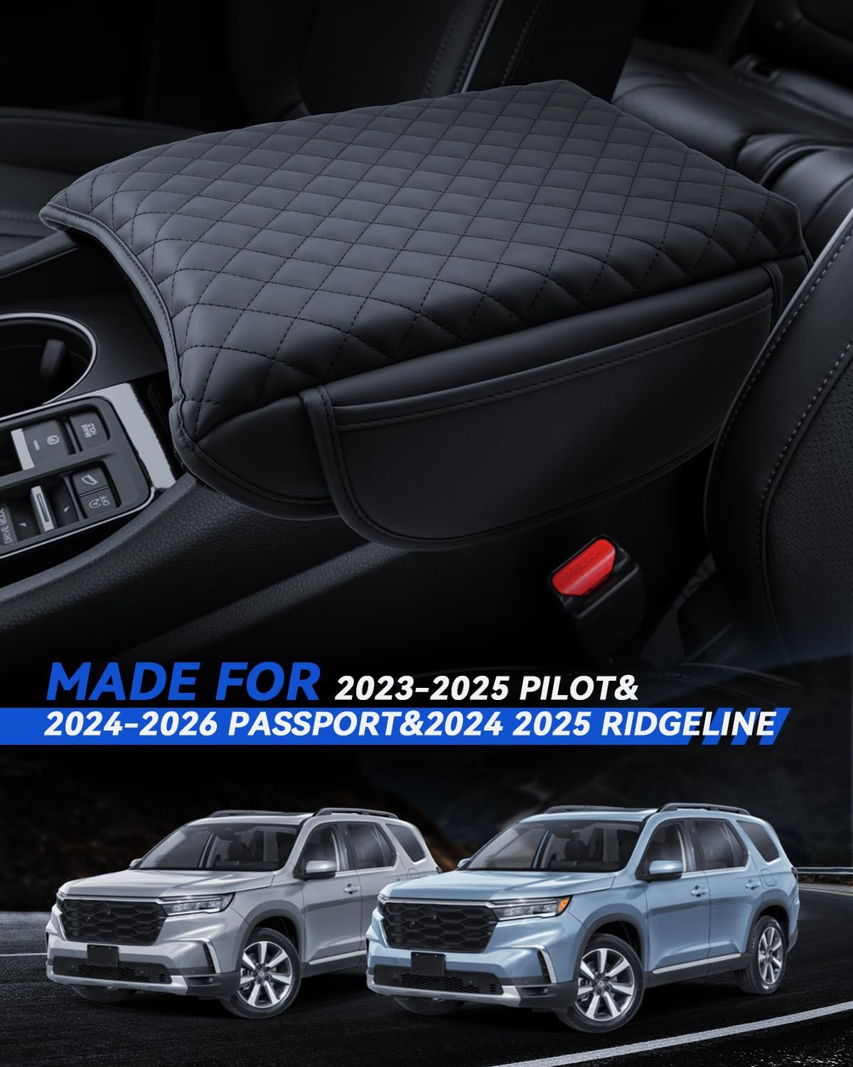 Armrest Cover for 2023-2025 Honda Pilot& 2024-2026 Passport& 2024 2025 Ridgeline Accessories Center Console Middle Lid Pad Protector for Car Elbow Rest-Thickened with Side Pockets Padded