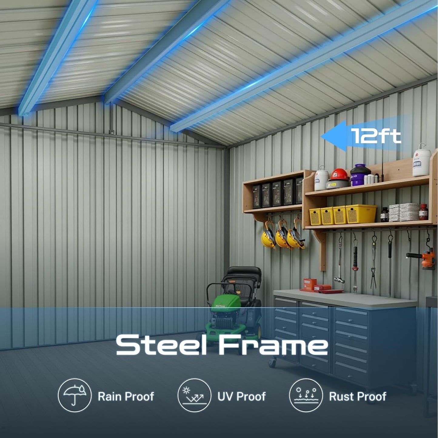 10 x 12 FT Outdoor Storage Shed, Metal Garden Tool Shed with Slooping Roof, Lockable Doors and Windows, Easy to Assemble for Garden, Patio, Lawn, White+Yellow