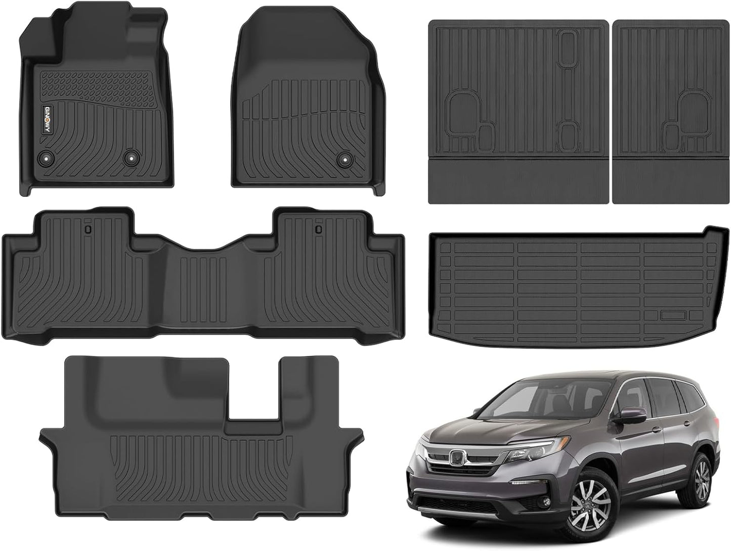 GINOWY- Floor Mats & Cargo Liner for Honda Pilot 2009-2015, All Weather Protection Car Mats Pilot 2015 Non-Slip Waterproof Pilot Trunk Mat Backrest Mats Automotive Floor Liners Accessories Black
