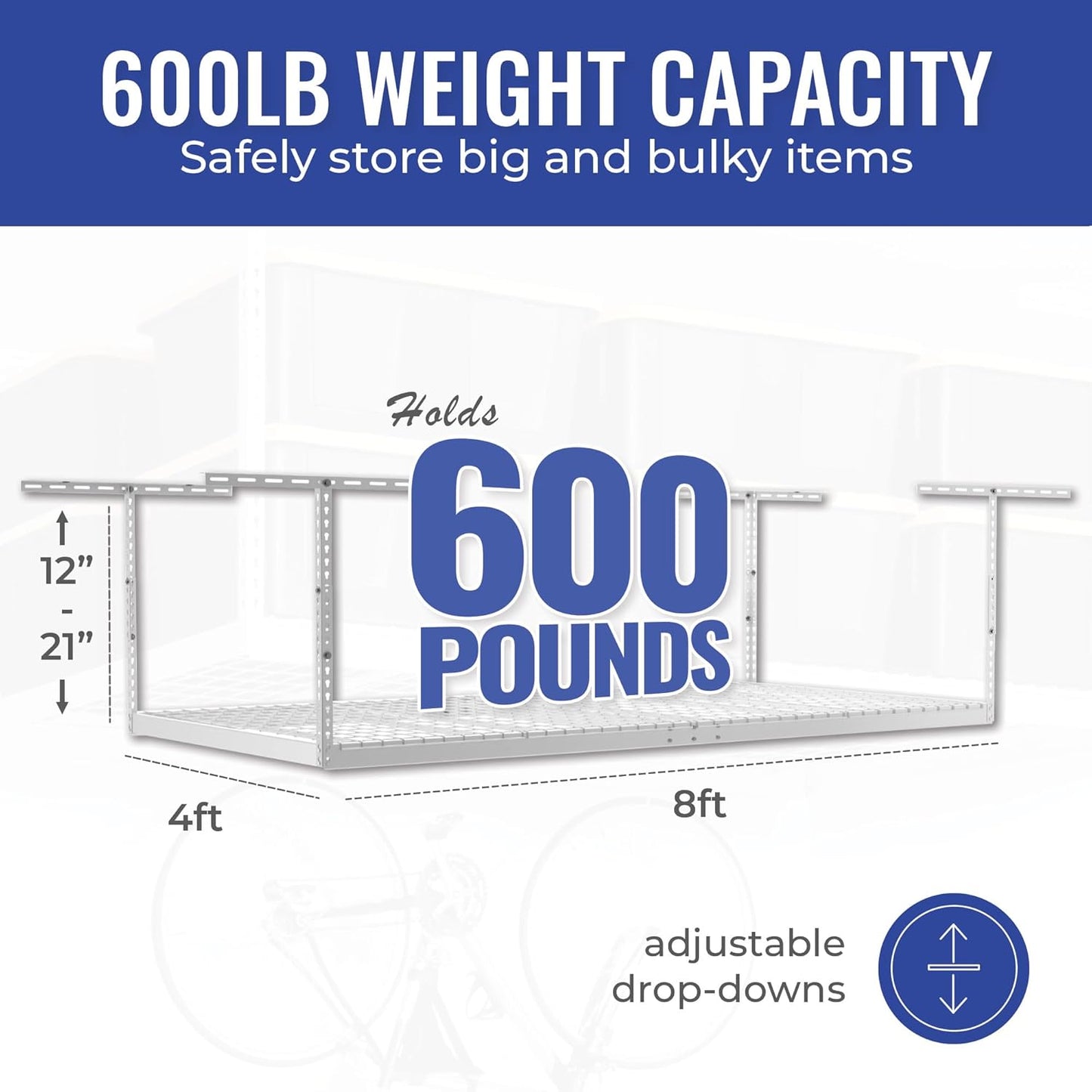 SafeRacks 4x8 Overhead Garage Storage Rack Heavy Duty - White (12"-21") - Holds 600 lb