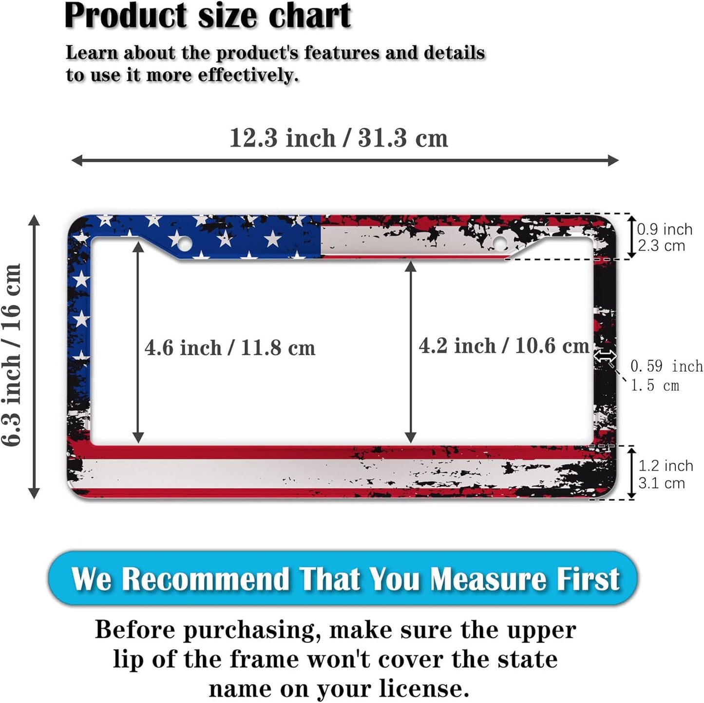 License Plate Cover Multicolor License Plate Frames Patriotic USA American Flag Aluminum Metal Car Accessory 2 Pack with Screw Covers Set