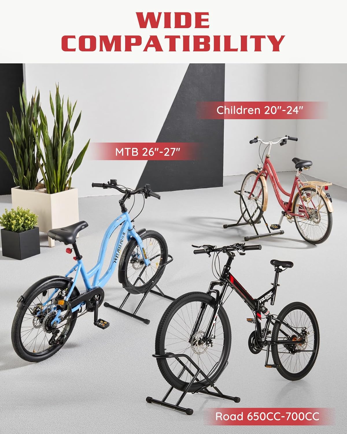 Upgraded 4" Wide Tire Floor Bike Stand Rack, Heavy Duty Garage Indoor Bike Storage, Fits 20"-27" Wheels, Kids Road Mountain Bikes, 66lbs Max Load, Anti-Slip Rubber Base