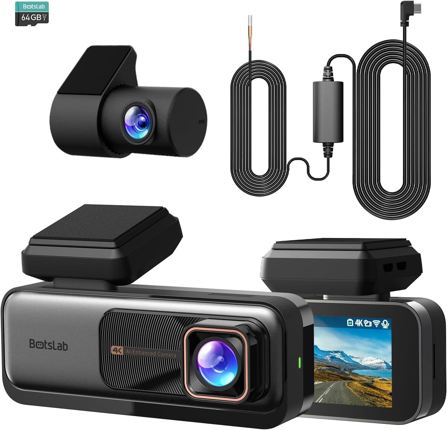 4k Dash Cam Front and Rear, 24/7 Parking Monitor with Hardwired Kit, 170° Ultra Wide Dashcam, ADAS, IMX415 Sensor, Night Vision, WDR, Loop Recording, 5G/2.4G WiFi & GPS, Free 64GB Card