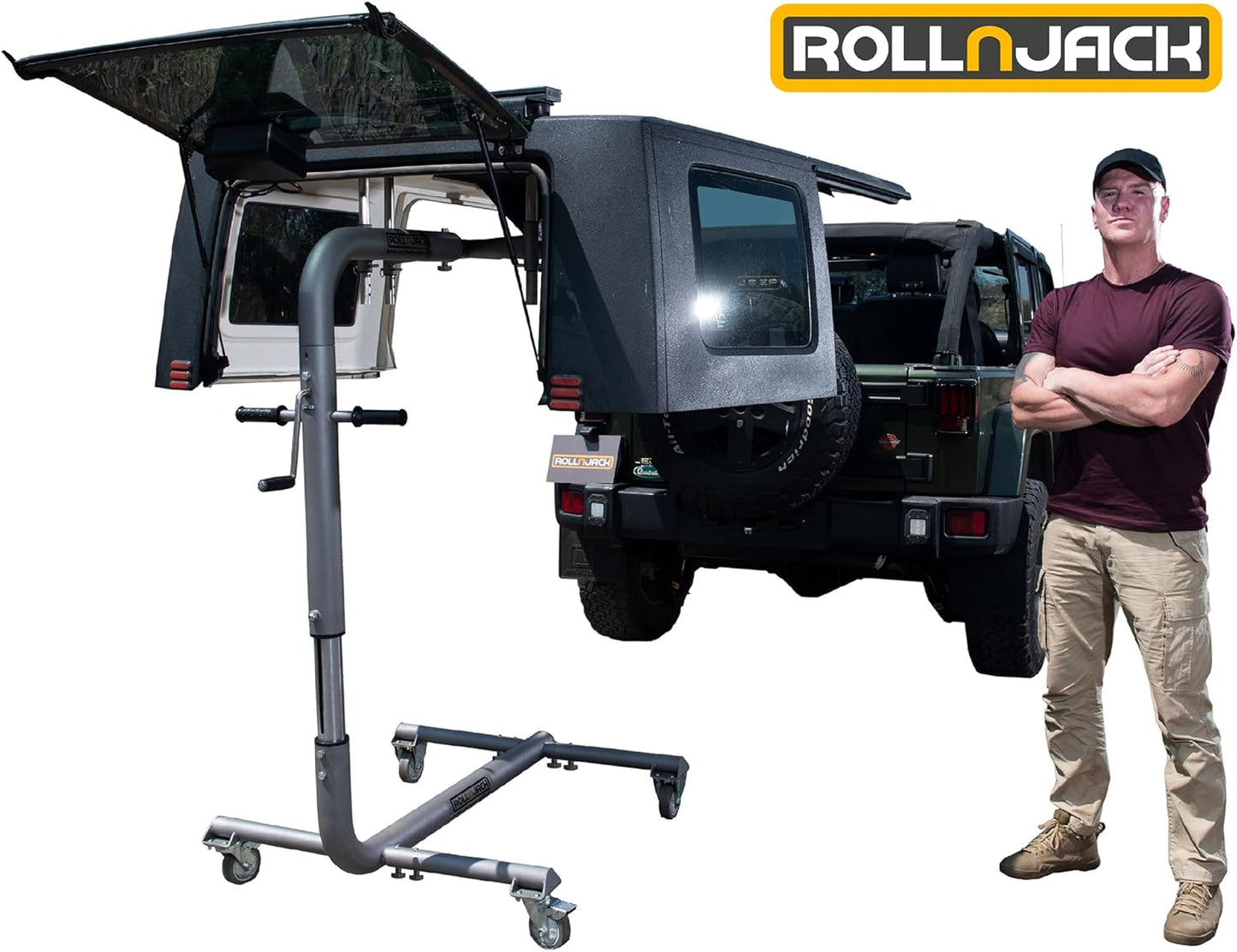 Hard Top Remover Lift for Jeep Wranglers: 2007-to-Present JK/JKU/JL/JLU + CJ, 2&4 Door + Lifted Jeeps. Quick & Easy Assembly. One Person System. Hardtop Removal/Installation in Minutes. Patented