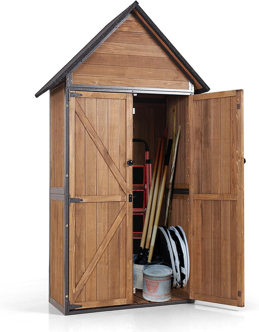 GUTINNEEN Sheds Outdoor Storage Wooden Garden Tool Shed with Metal Frame Sloped Roof and Adjustable 3 Tiers Shelves Outdoor Storage Cabinet for Backyard Garden Patio Lawn 67.1"(Brown)