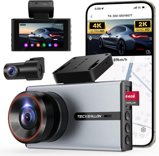 Dash Cam, 4K Dash Cam Front and Rear with ADAS, 170°/150° Wide View, Starlight Night Vision, GPS, WDR, G-Sensor, App Support, 24H Parking Mode, 64GB Card Included