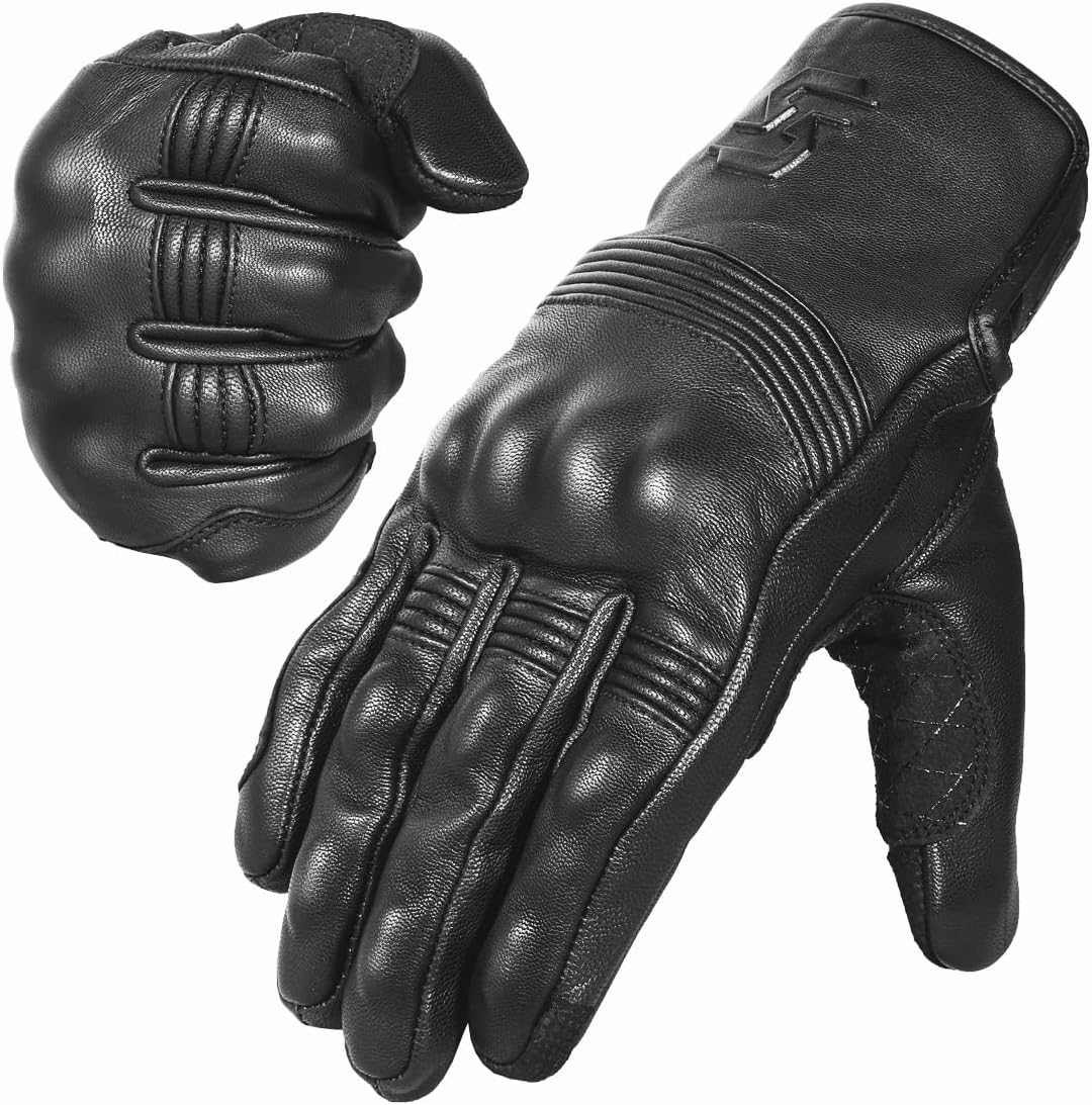 Leather Motorcycle Gloves for Men and Women | Touchscreen | Full Finger | Goatskin Leather Hard Knuckle Motorcycle Riding Gloves (Un-Perforated, XX-Large)
