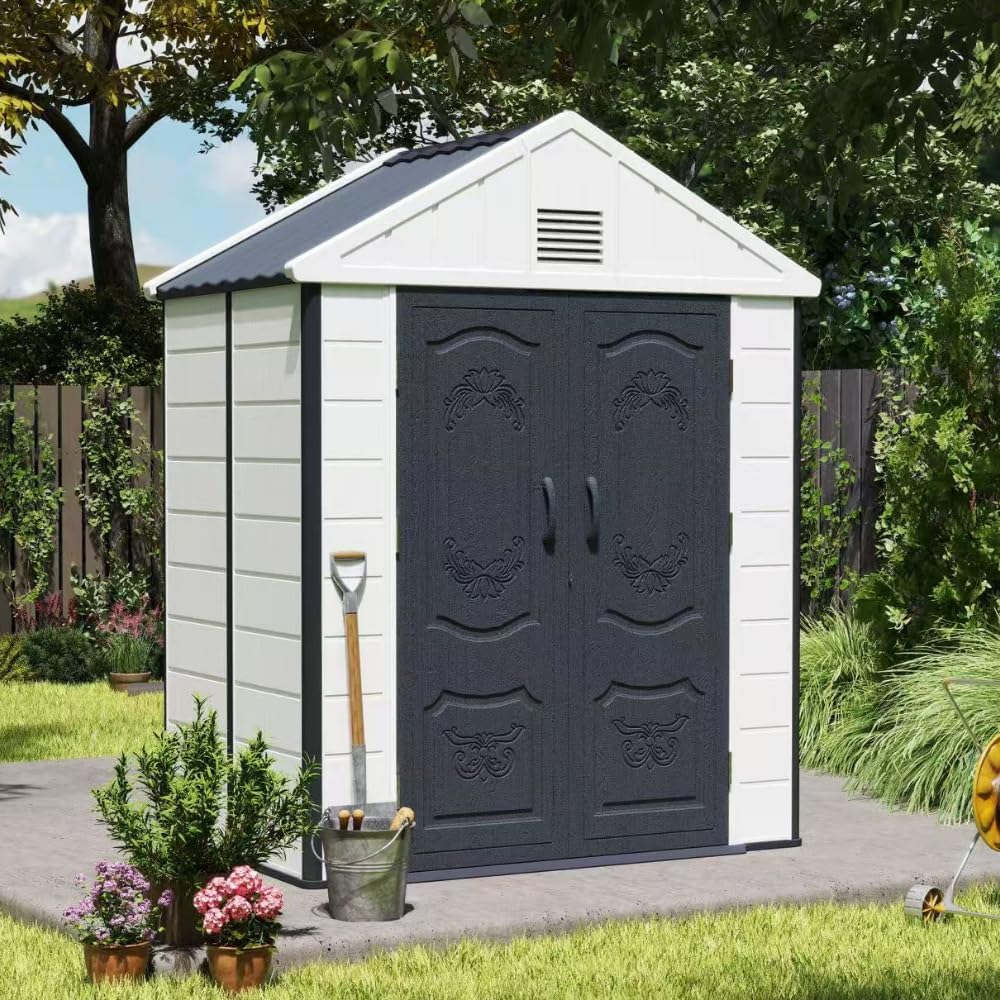 Kingdura 6x4 FT Resin Outdoor Storage Shed with Reinforced Floor, All-Weather Resistant Plastic Garden Outside Bike Tool Shed with Lockable Doors, Window for Backyard Patio Poolside