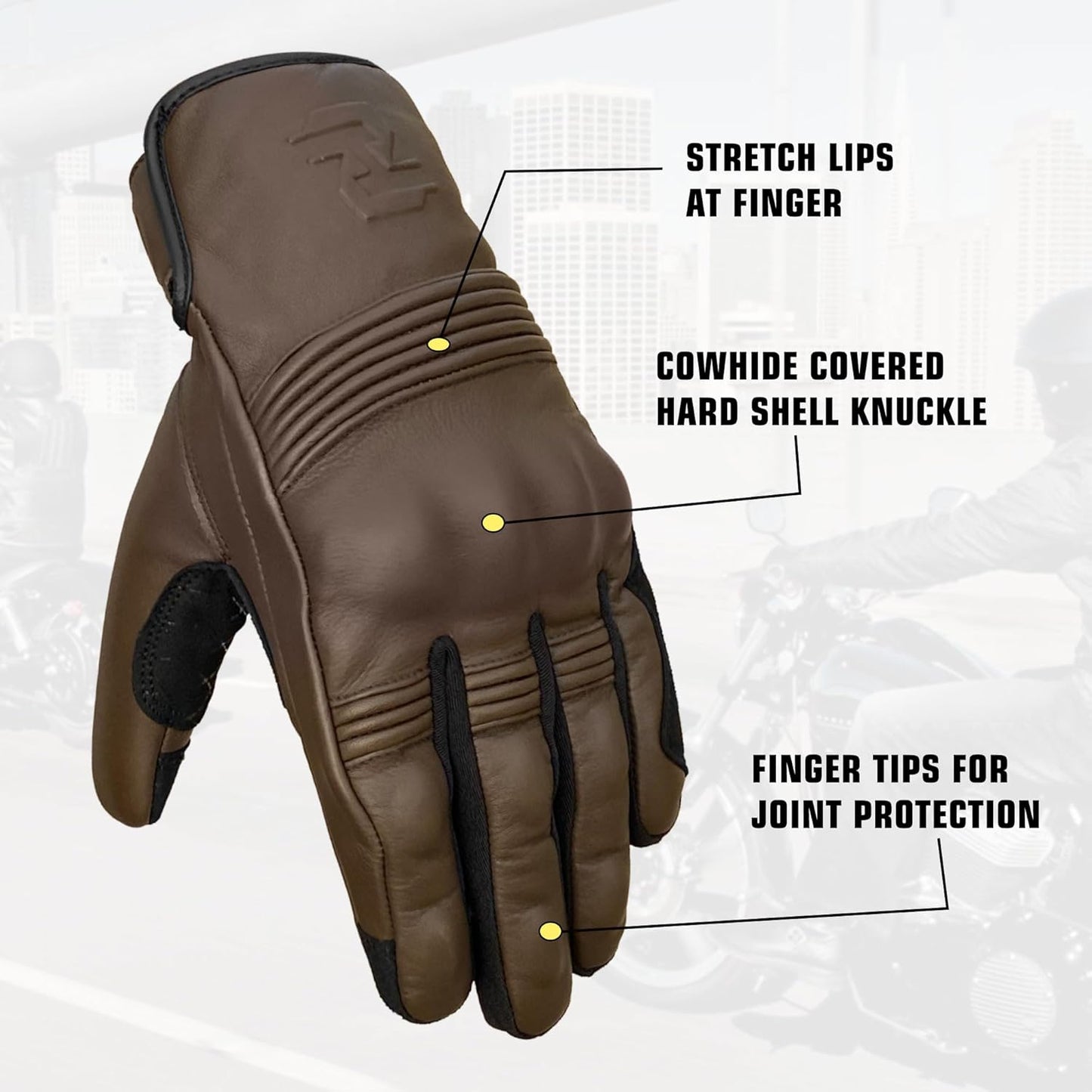 Leather Motorcycle Gloves for Men and Women | Touchscreen | Full Finger | Goatskin Leather Hard Knuckle Motorcycle Riding Gloves (Classic Brown, Large)