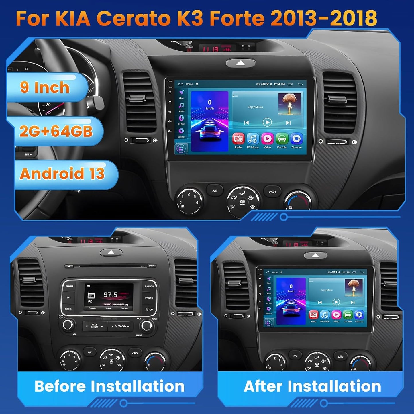 [2G+64G] Android 15 Car Stereo for Kia Cerato K3 Forte 2013-2018 with Wireless CarPlay Android Auto, 9 Inch HD Touch Screen with WiFi GPS Bluetooth FM/RDS Radio SWC USB Backup Camera MIC