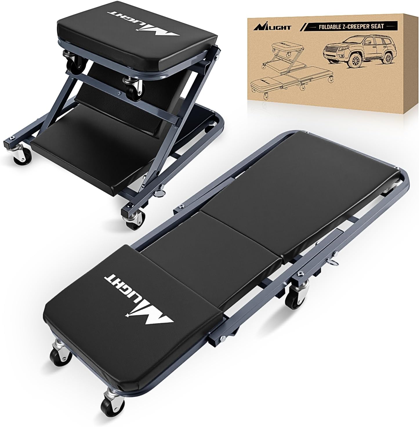 Nilight 36" Z Creeper - 2-in-1 Folding Rolling Mechanic Seat, 36 inches Adjustable Lay-Down or Sit Garage Chair, 300 lbs Capacity, Grey Black