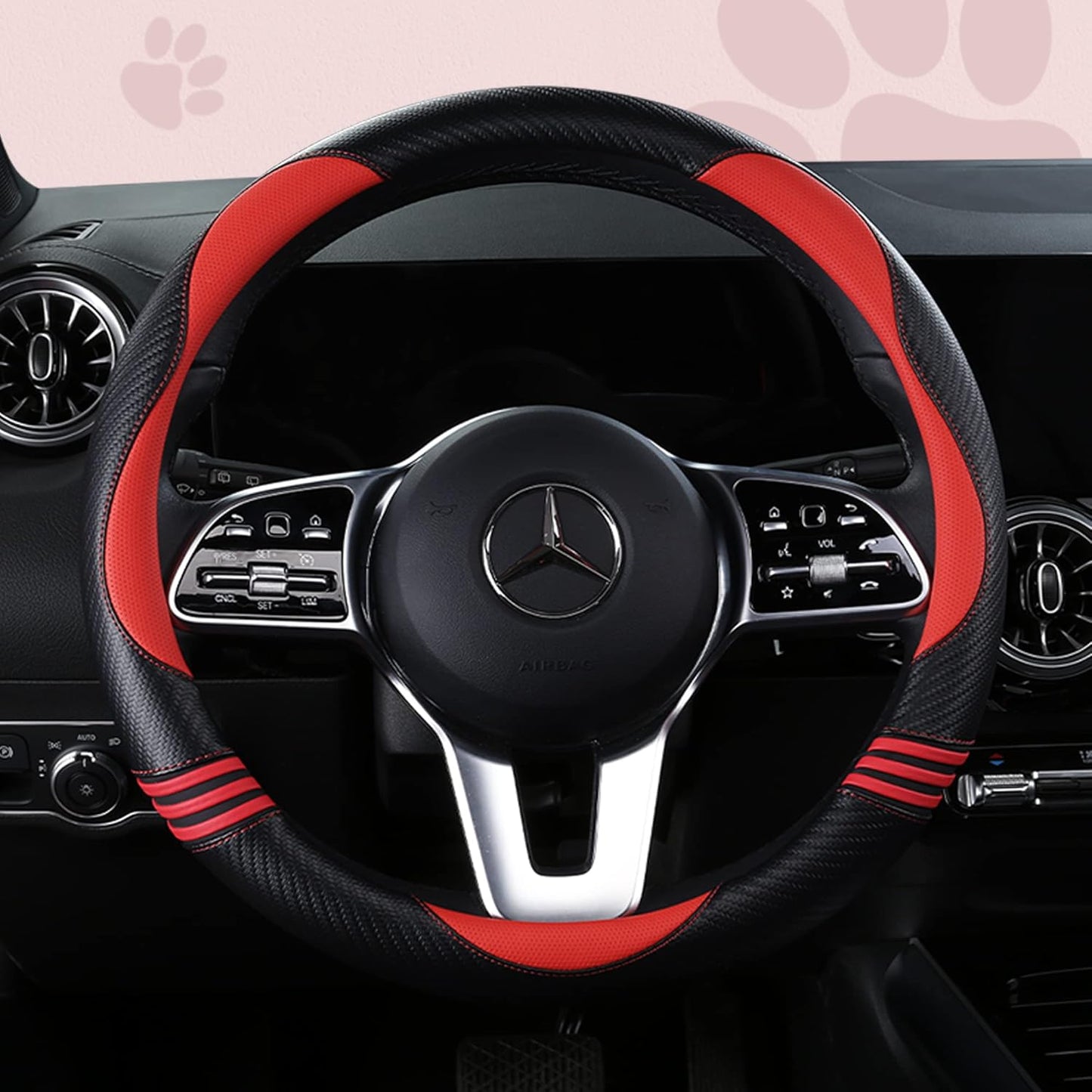 Car Steering Wheel Covers for Women Girl Padded Carbon Fiber PU Leather Cute Cartoon Auto Interior Accessories for Jeep, Truck, Universal, Anti Slip, Red, Large Size 15.5-16"(39-41cm)