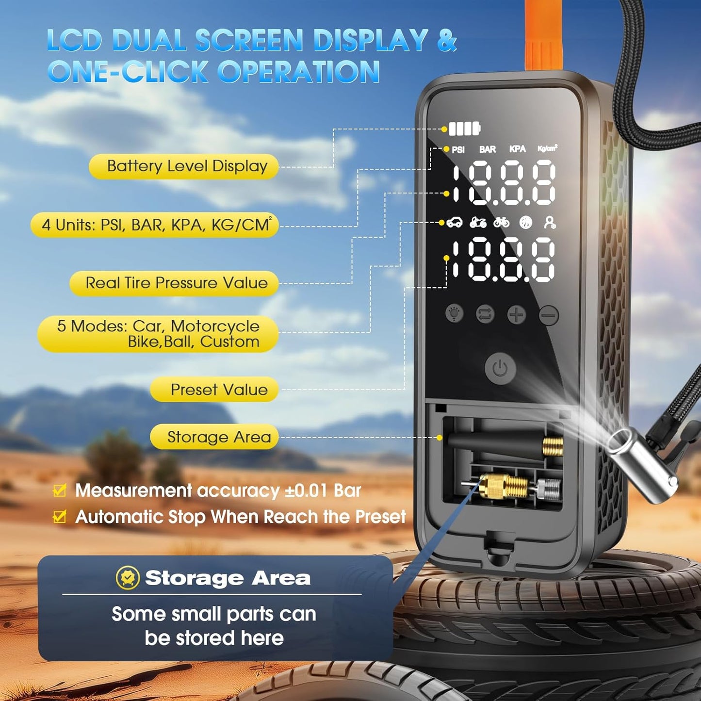 Tire Inflator Portable Air Compressor, 160 PSI Air Pump for Car Tires with Digital Pressure Gauge, Bike Tire Pump with LED Light Portable Tire Inflator for Car (Dark Gray)