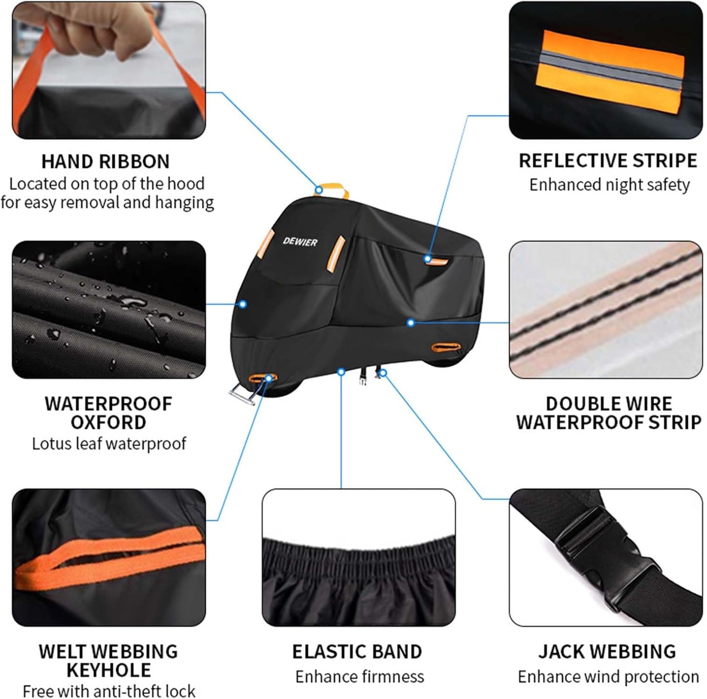 Motorcycle Cover Waterproof Outdoor, 420D Heavy Duty, 3XL95in, All Season Protection, Windproof Clasps, Storage Bag, Night Reflective Design, Fits Motorcycles, 1-2 Bikes Ebikes