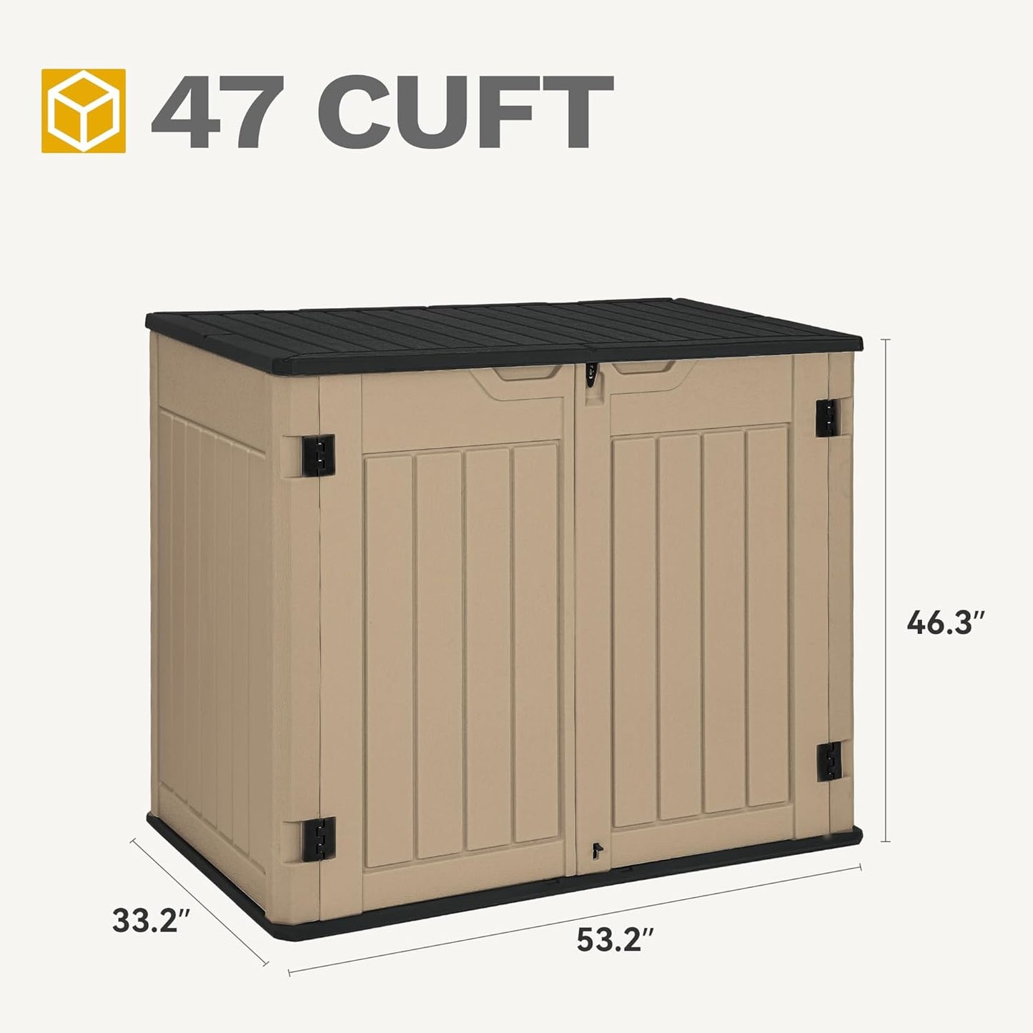 DWVO 47 cu ft Spacious Horizontal Storage Unit, Outdoor Resin Tool Locker Without Shelf, Waterproof Lockable Container with Base for Gardening, Waste Bins, Grass Cutter, 4.5x2.8x3.9 ft, Brown