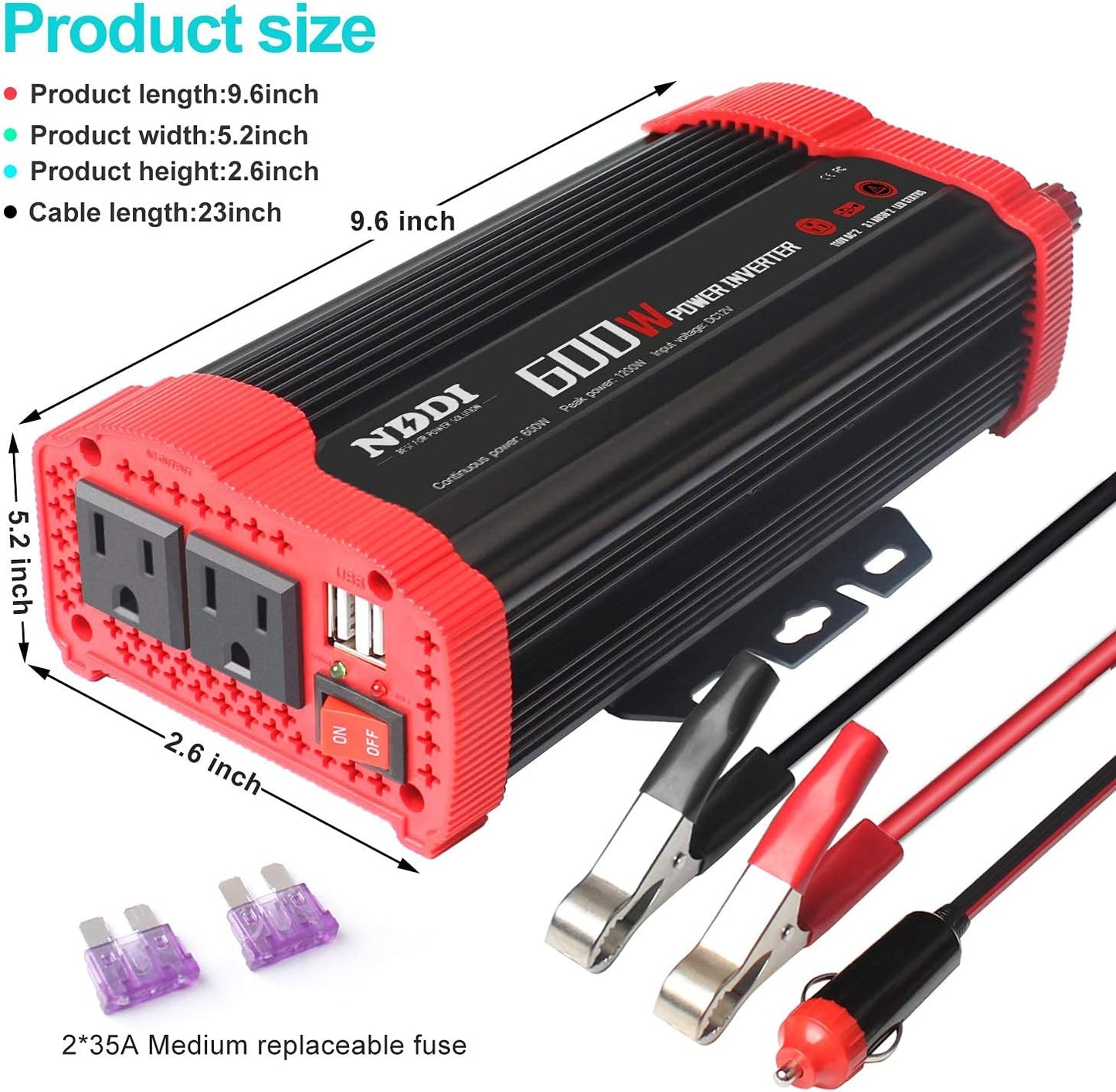 600W Car Power Inverter 12V DC to 110V AC Converter with 3.1 A Dual USB Quick Car Charger Adapter for Laptops and Smartphones