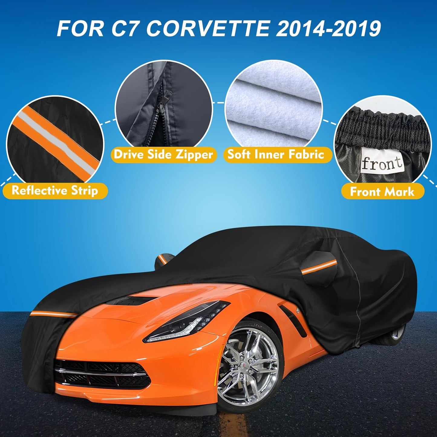 QUNSUNUS Waterproof Car Cover for C7 Corvette 2014-2019, Outdoor Car Covers with Zipper, All Weather Full Exterior Cover with Straps and Elastic Edges for Wind, Sun, UV and Dust Protection