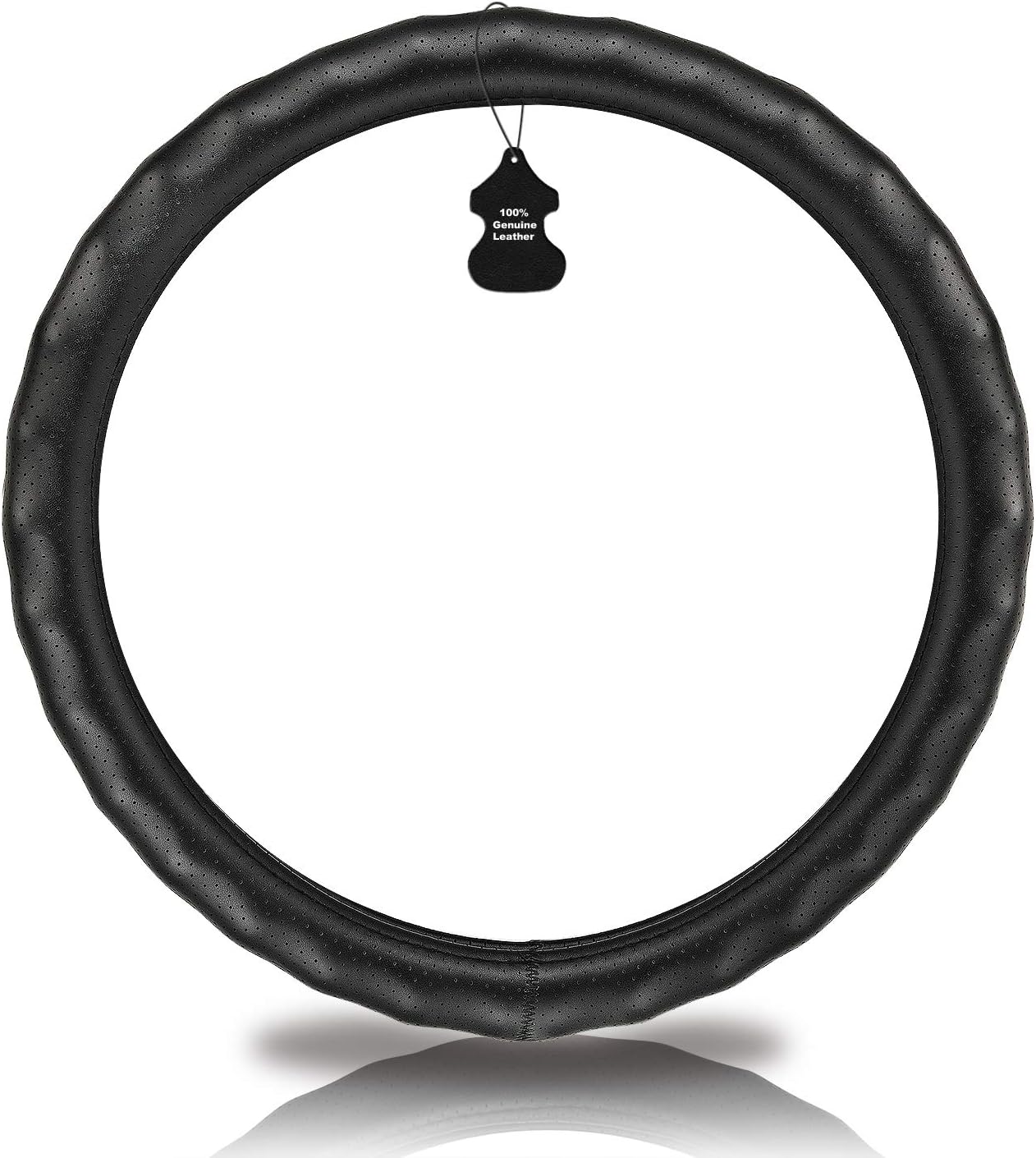 Haokay Heavy Duty Pure Cowhide Steering Wheel Cover, Black Genuine Leather Steering Wheel Cover Men Women Comfort Finger Grips Universal 14.5 to 15 Inch