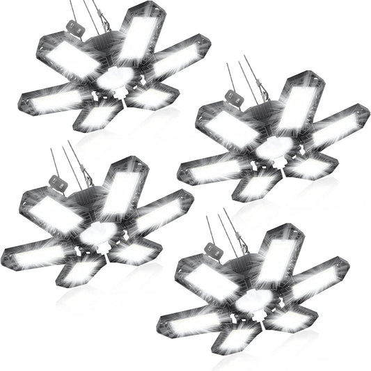 SEOBIOG LED Garage Lights 4 Pack, 200W 20000LM Plug in Linkable LED Shop Light, 6500K Ceiling Light Fixtures with 6+1 Deformable Panels for Garage, Work Bench (Built-in ON/Off Switch)