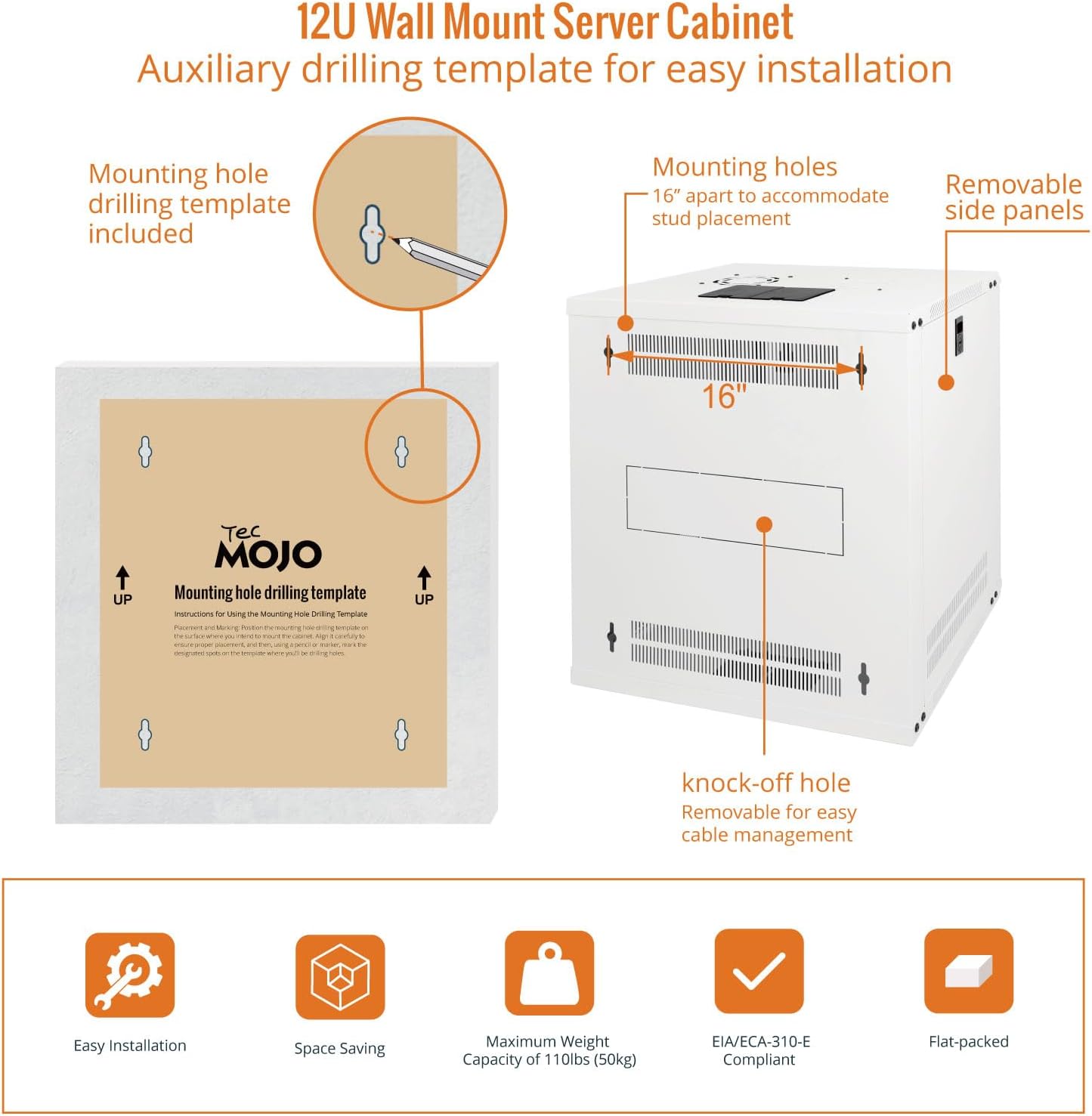 Tecmojo 12U Wall Mount Rack Network Cabinet for 19" IT Equipment,with Lockable Glass Door and Side Panels,Cooling Fan,17.7inch Depth,White