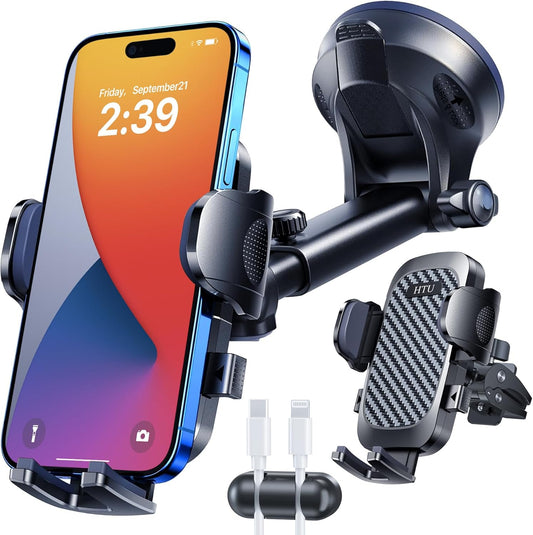 HTU 2025 Best Car Phone Holder 【Ultimate 5-in-1 & Upgraded 100+LBS Strongest Suction】【True Military-Grade & Safety Cert】 360° Windshield Dashboard Vent Mount Stand for iPhone Android & Truck, Black
