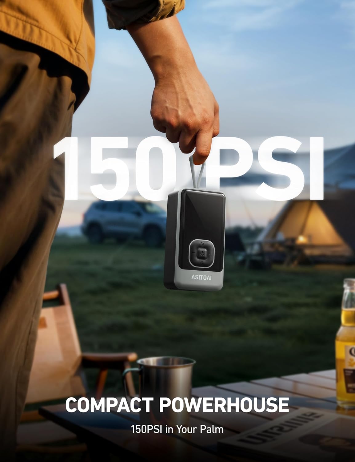 AstroAI L7 Air Tire Inflator Portable Air Compressor, 150PSI Electric Cordless Pump with Fast 1-min Inflation, Auto Shutoff, LED Light – Rechargeable for Car, SUV, Motorcycle, Bike Tires (Grey)