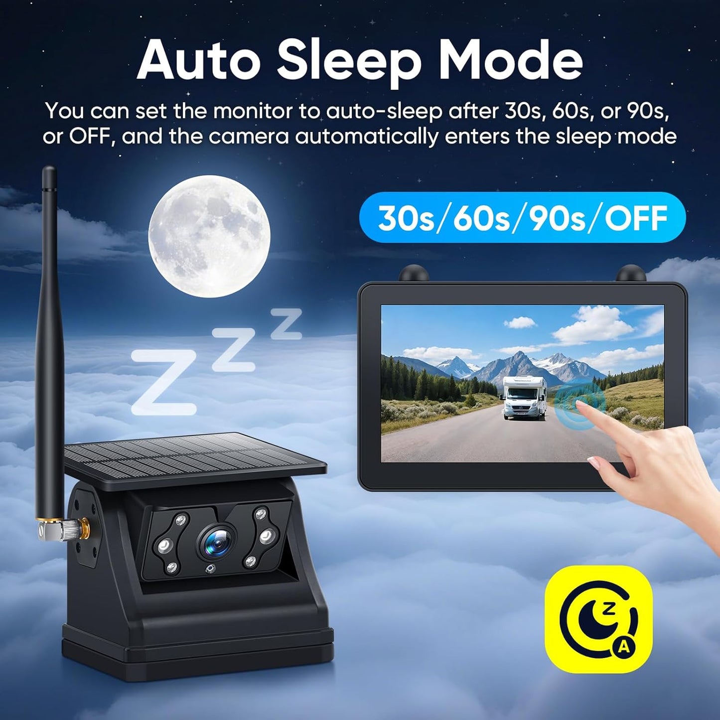 Magnetic Solar Wireless Backup Camera System with 7" IPS Touchscreen Monitor, 2K Rechargeable Auto On Off Rear View Camera with DVR Loop Recording for RV, Camper, Trailer, Trucks