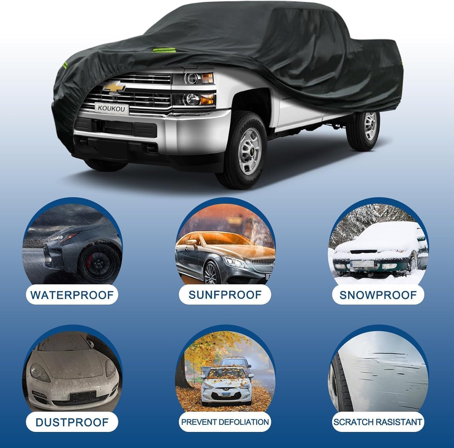 KouKou Truck Cover Waterproof All Weather, 7 Layers Heavy Duty Pickup Truck Cover Outdoor Length from 243 to 250 inches,Universal Fit SuperCrew Bed Ford F150 F250 F350,Nissan Titan,Toyota Tundra ect.