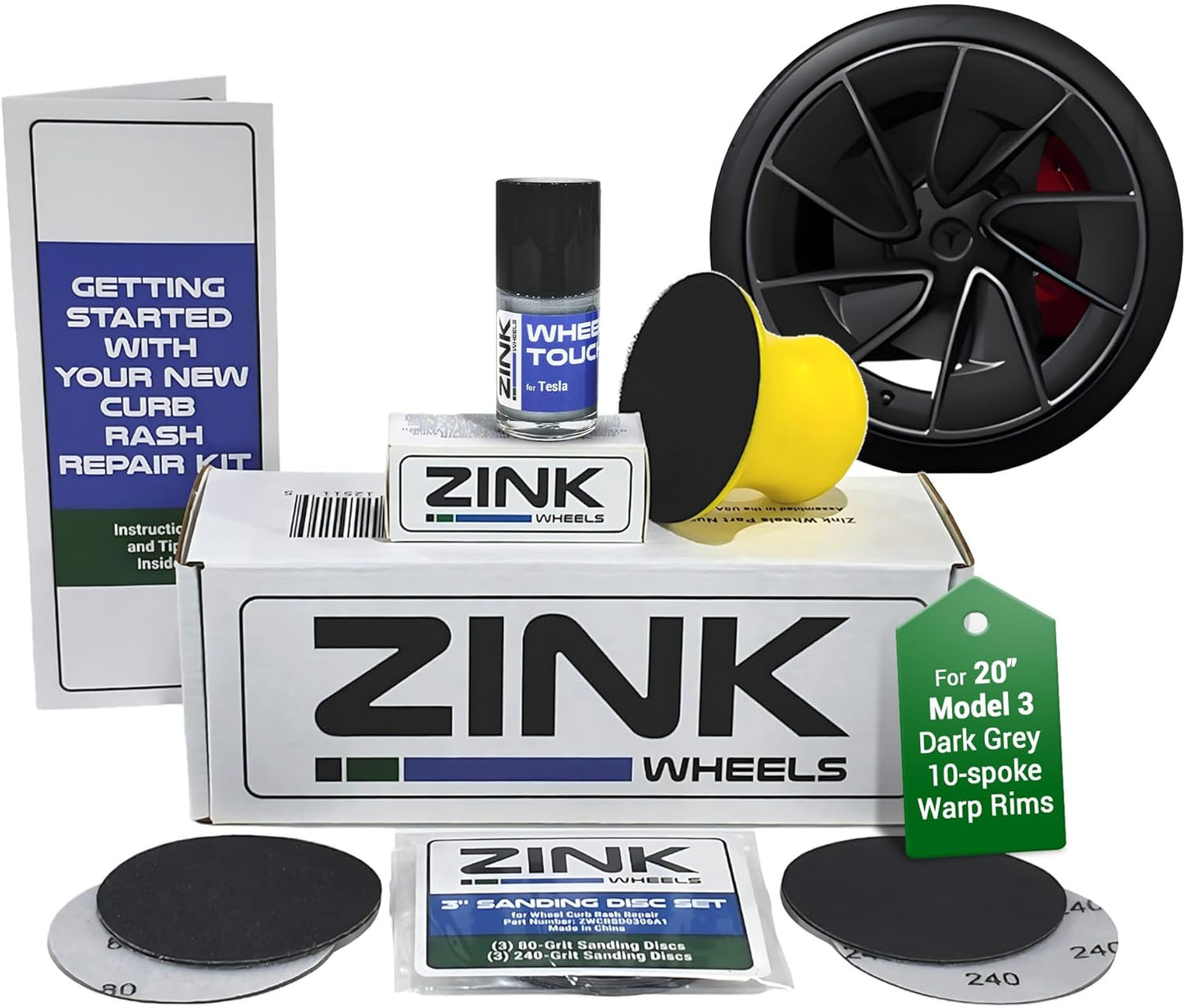 Premium Tesla Wheel Curb Rash Repair Kit for Model 3 20-inch Grey Performance Warp Wheels - DIY Kit with Color-matched Touch Up Paint - Made in USA