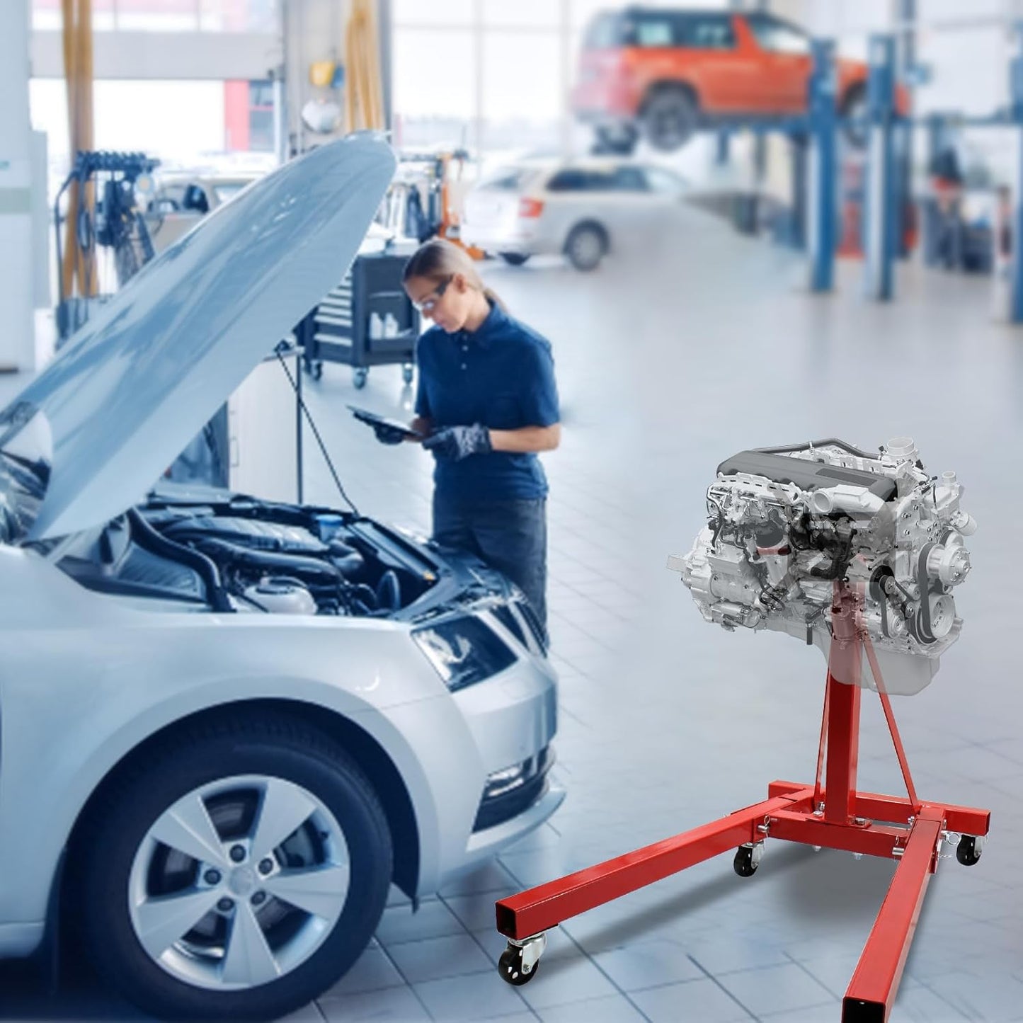 Engine Stand 2000LBS Capacity, Steel Rotating Engine Stand with 6 Casters, 360 Degree Rotating Rotating Engine Run Stand, Heavy Duty Engine Stand for Garages, Vehicle Maintenance Auto Repair, Red