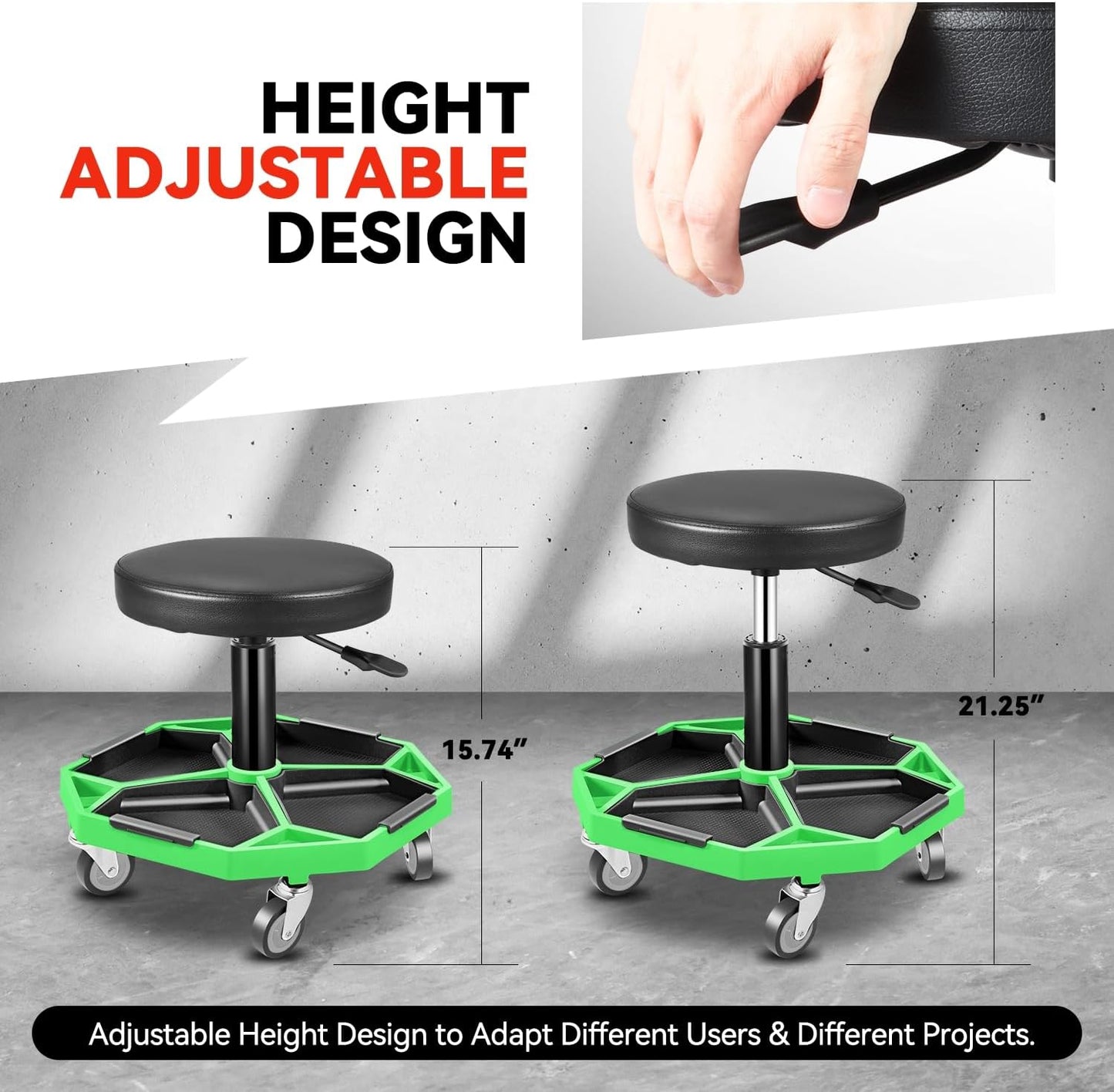 Auto Dynasty Mechanic Stool, Adjustable Rolling Pneumatic Creeper Garage Shop Seat with Tool Tray, 300 LBS Roller Seat for Workshop Auto Repair, Adjustable Height 15.7" to 21", Green