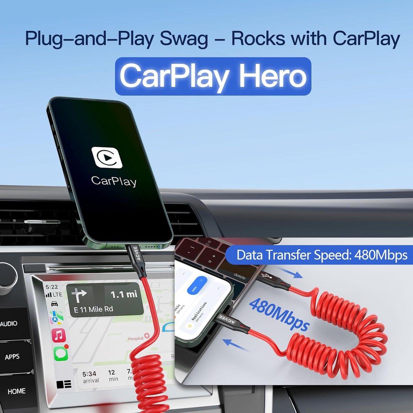 AGVEE 3ft Coiled Short USB-C to Lightning Charging Cable [MFI Certified] 30W PD Fast Charger Cord in Car for iPhone 14/13/12/11/XS/8/7/6/5 CarPlay, iPad, iPod, Red