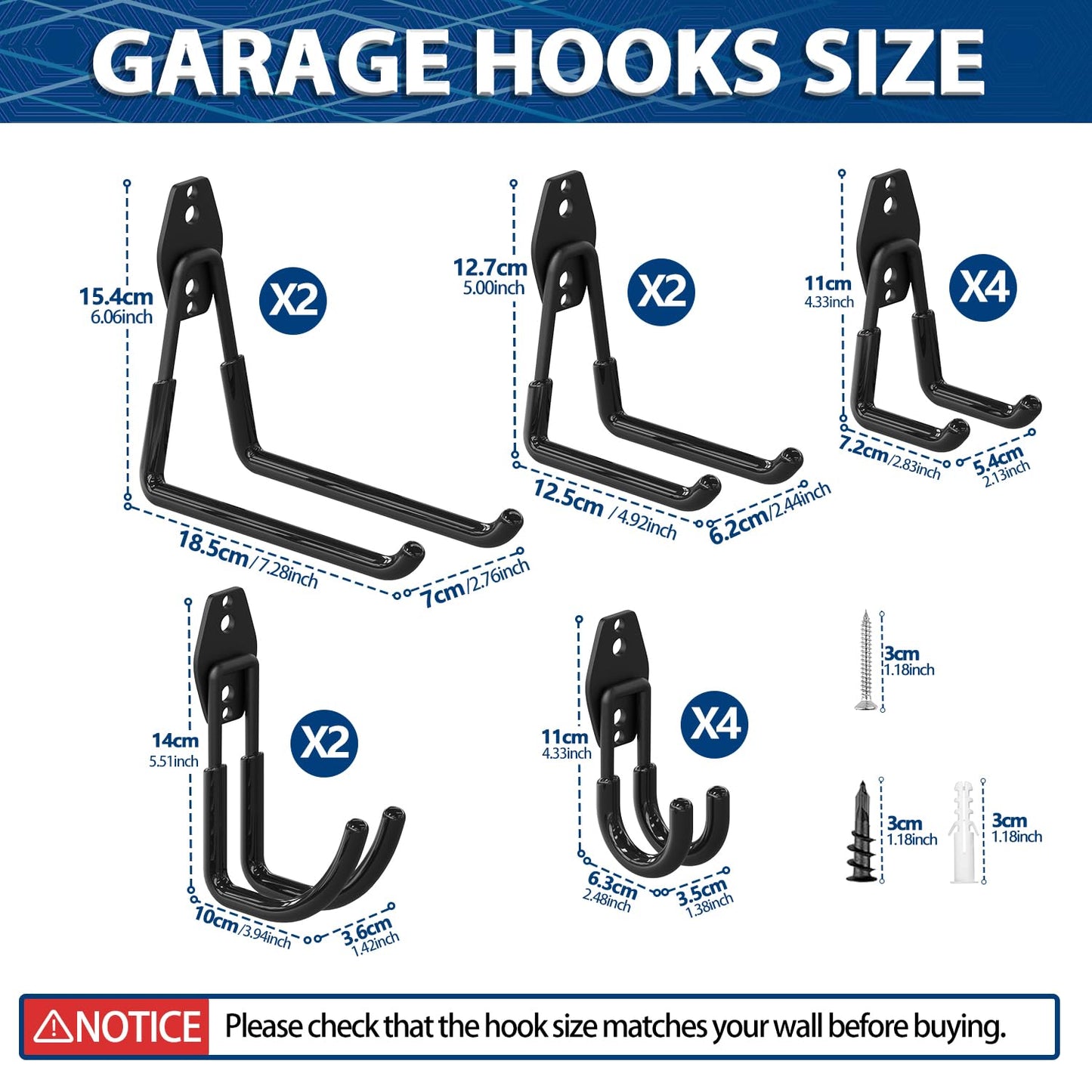 3-H Garage Wall Hooks 14 Pack, Garage Hooks Heavy Duty with Extra Welding Spots, Wall Mount Storage Organizer for Hanging Garden Lawn Tools, Ladder, WeedEater, Chair, Shovel, Blower (Black)