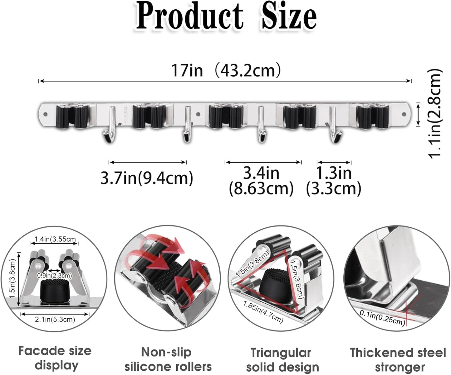 AceMining 5 Racks and 4 Hooks Mop and Broom Holder Wall Mount, Broom Organizer Storage Tool Racks Stainless Steel Heavy Duty Hooks Self Adhesive Solid Non-slip for Home Kitchen Garden Laundry Garage