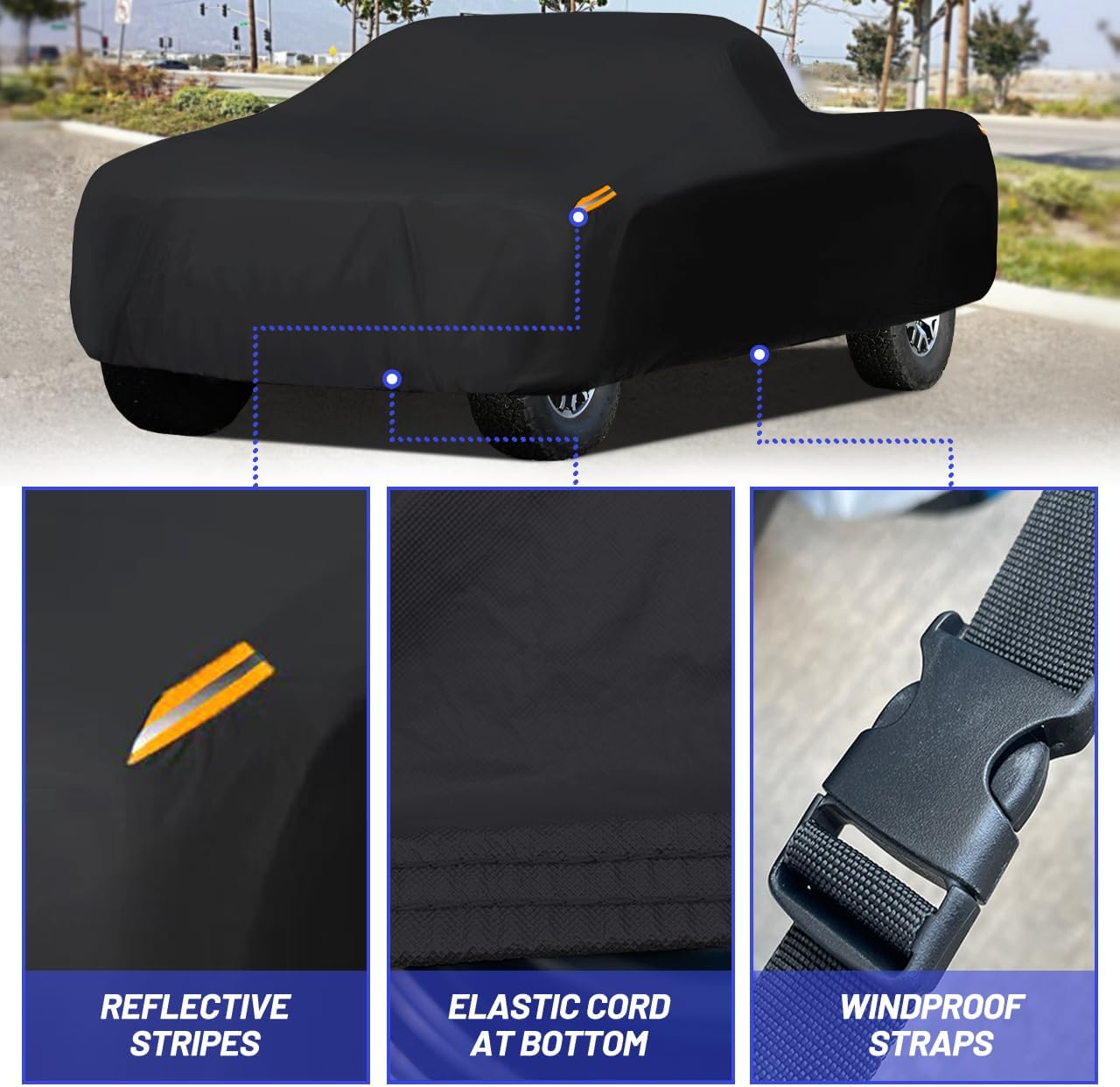 MORNYRAY Waterproof Car Cover All Weather Snowproof UV Protection Windproof Outdoor Full Truck Cover, Universal Fit for (All Black, Fit Truck Length 210-230 inch)