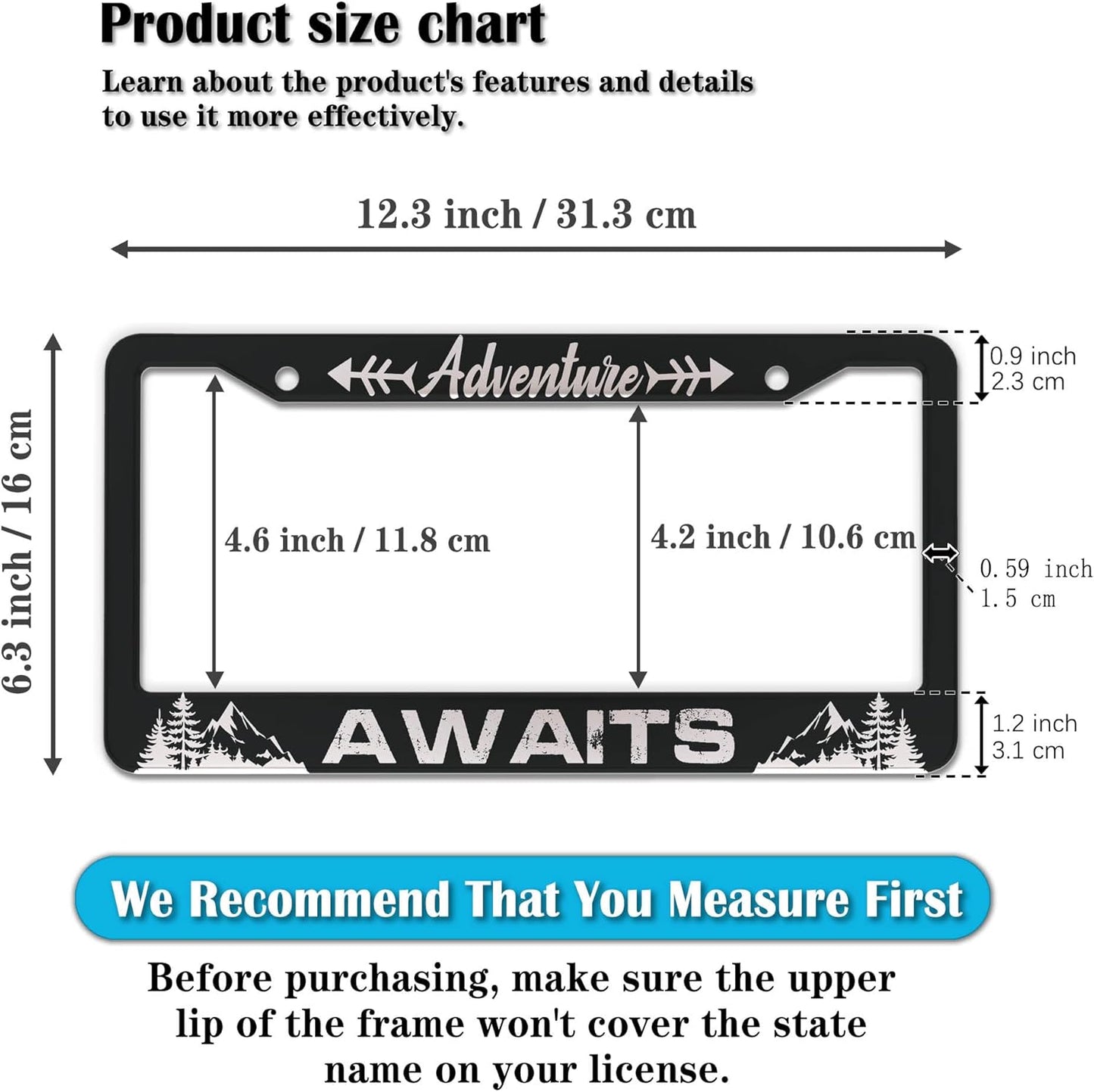 License Plate Frames for Men Black and White Car Plate Frames for Women Adventure Awaits Aluminum Metal Car Accessory 2 Pack with Screw Covers Set