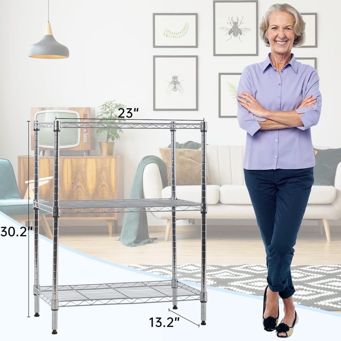 BestOffice 23Lx13.2Wx30.2H Adjustable Metal Storage Shelves 3-Tier Wire Shelving Unit Organizer Wire Rack 450Lbs Capacity for Small Places Kitchen Garage,Chrome