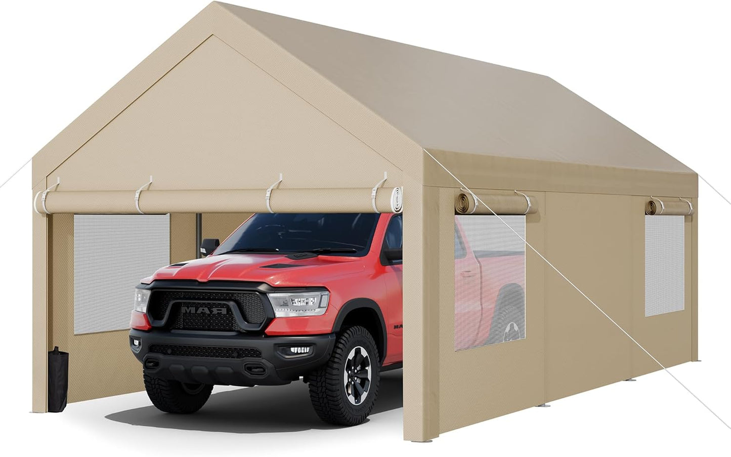 JY QAQA Carport, 10x20 FT Heavy Duty Carport with Removable Side Walls and Doors, Portable Garage with Roll-Up Window and Sandbags, Car Canopy with All-Season Tarp for Cars, Trucks, Boats, Khaki