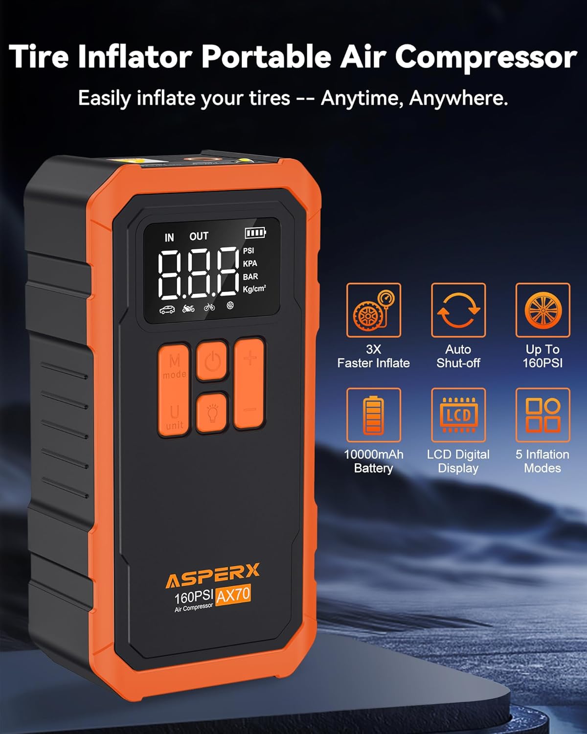 Tire Inflator Portable Air Compressor- 160PSI & 10000mAh Portable Air Pump with Carrying Case, LCD Display & LED Light, 3X Fast Inflation for Car, Bike, Motorcycle, Balls and more(Orange)